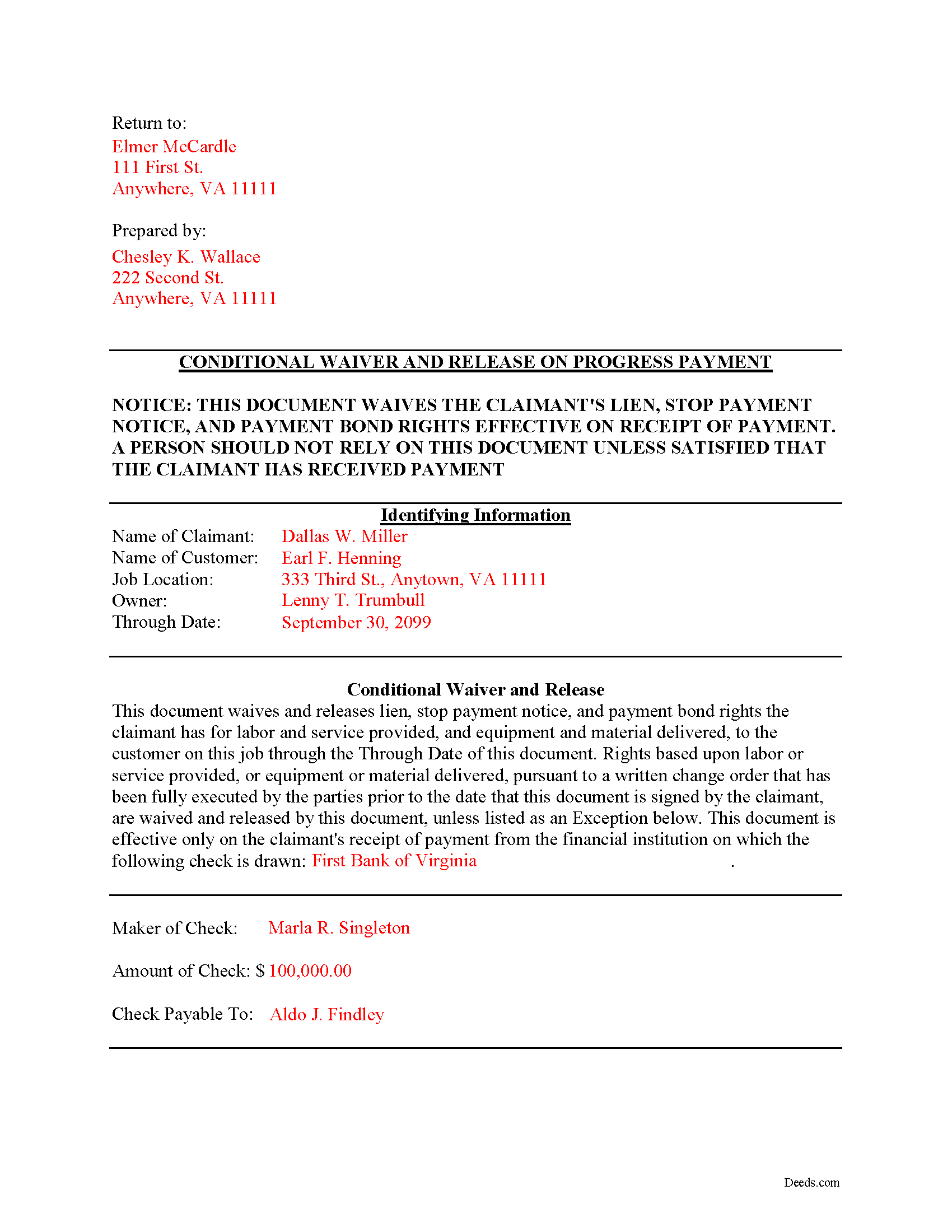Completed Example of the Conditional Lien Waiver on Partial Payment Document