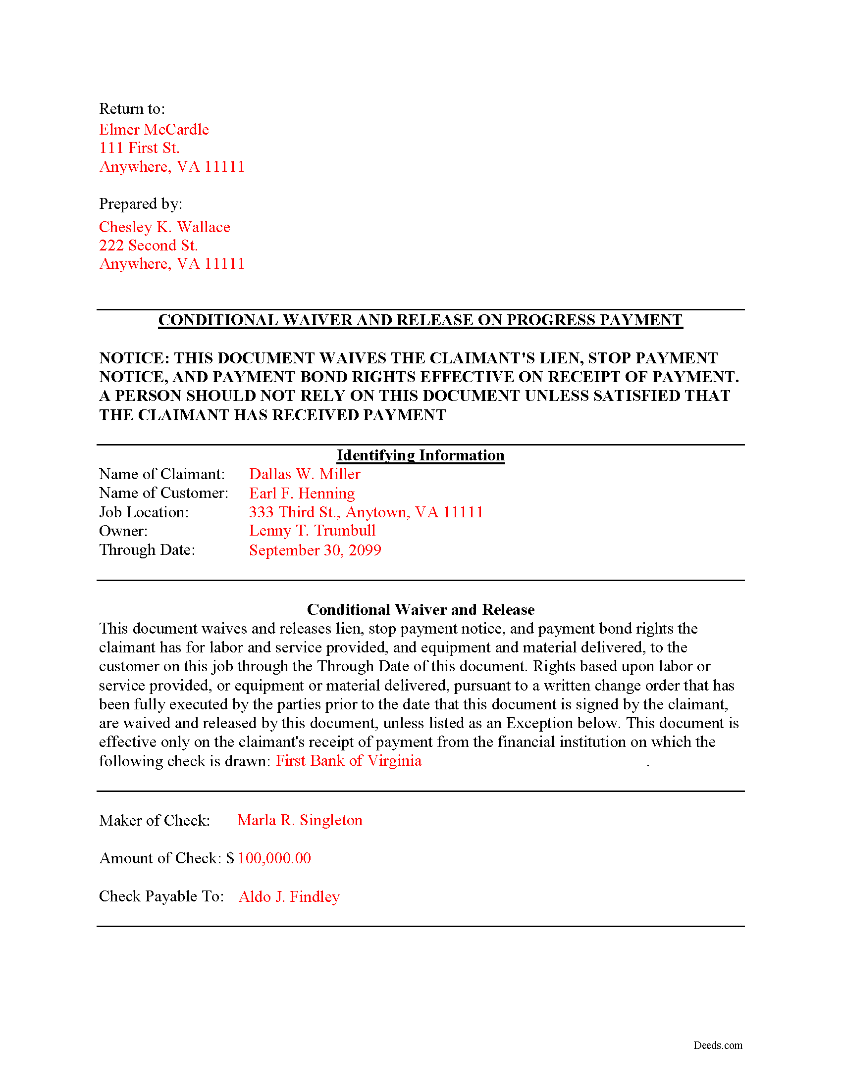 Augusta County Completed Example of the Conditional Lien Waiver on Partial Payment Document