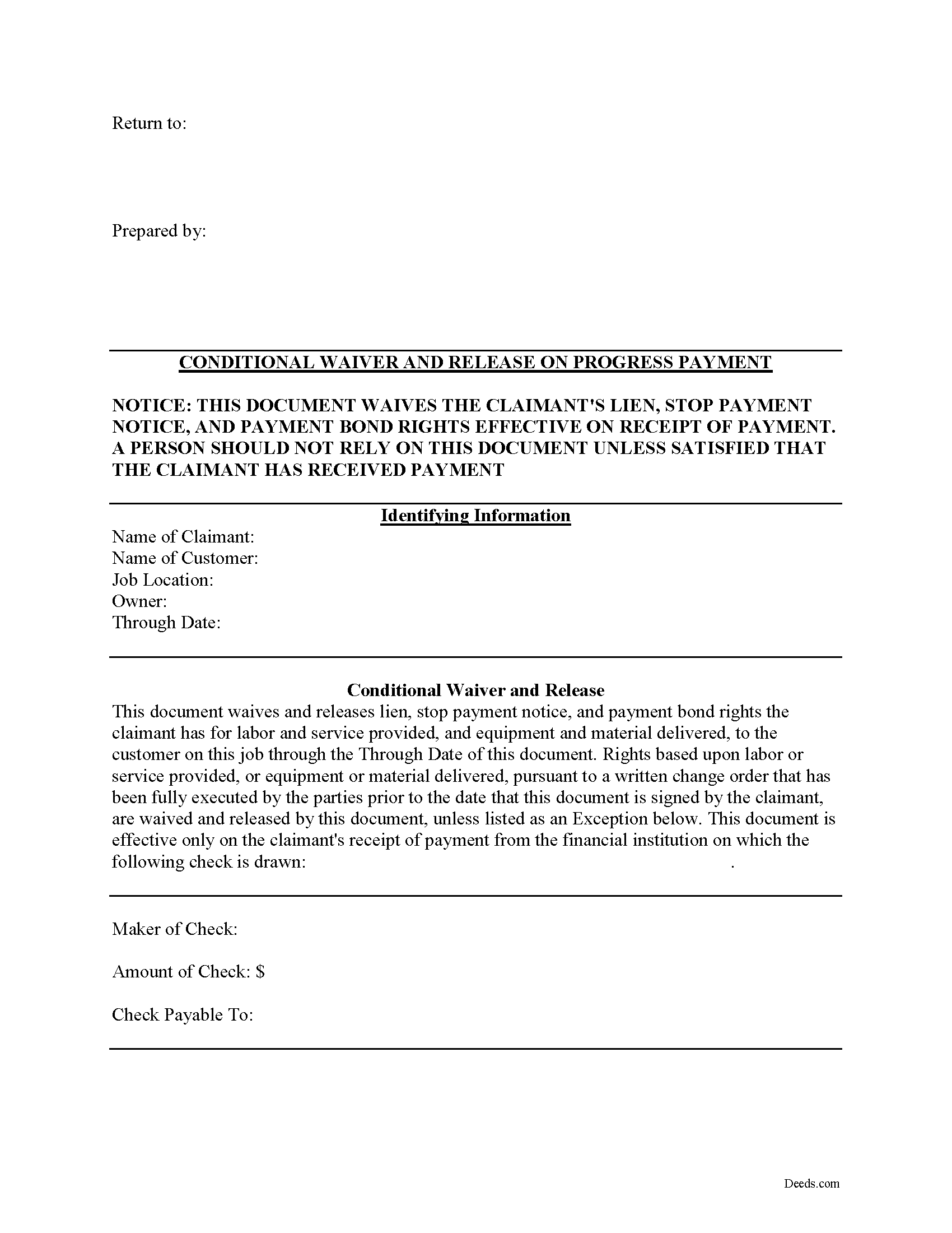 Augusta County Conditional Lien Waiver on Partial Payment Form