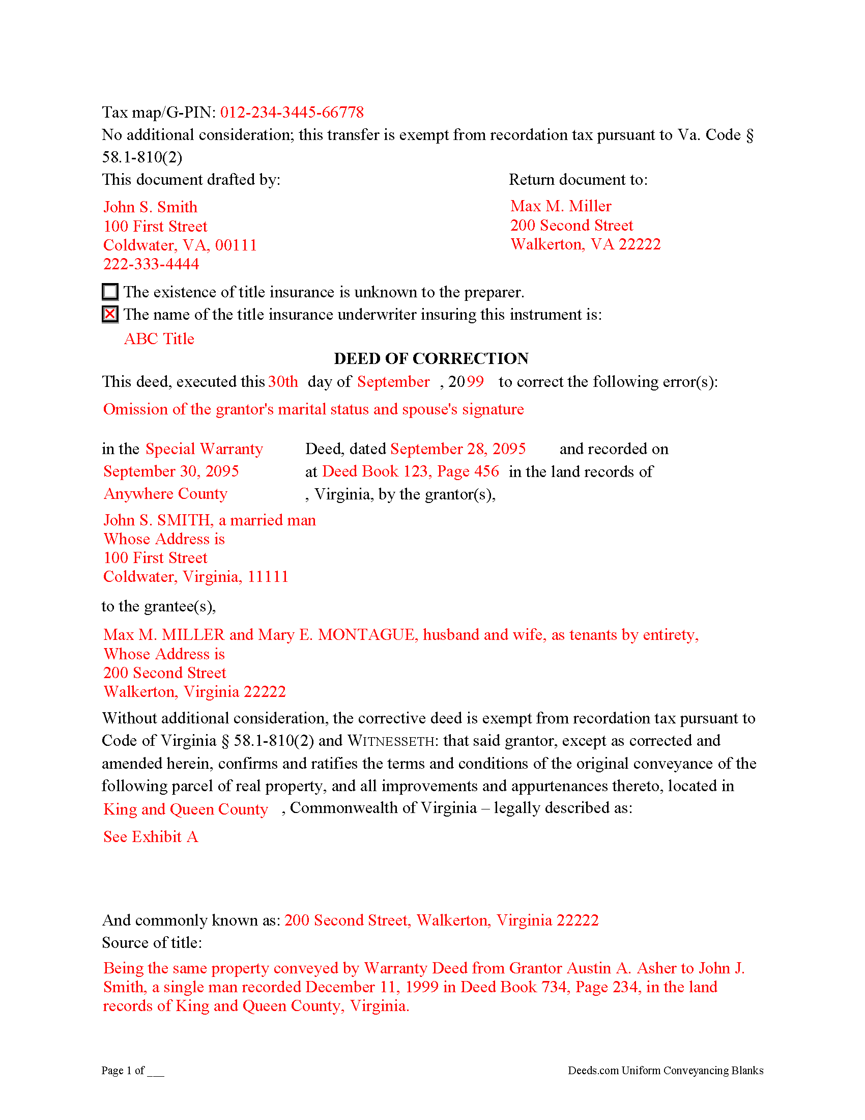 Craig County Completed Example of the Correction Deed Document