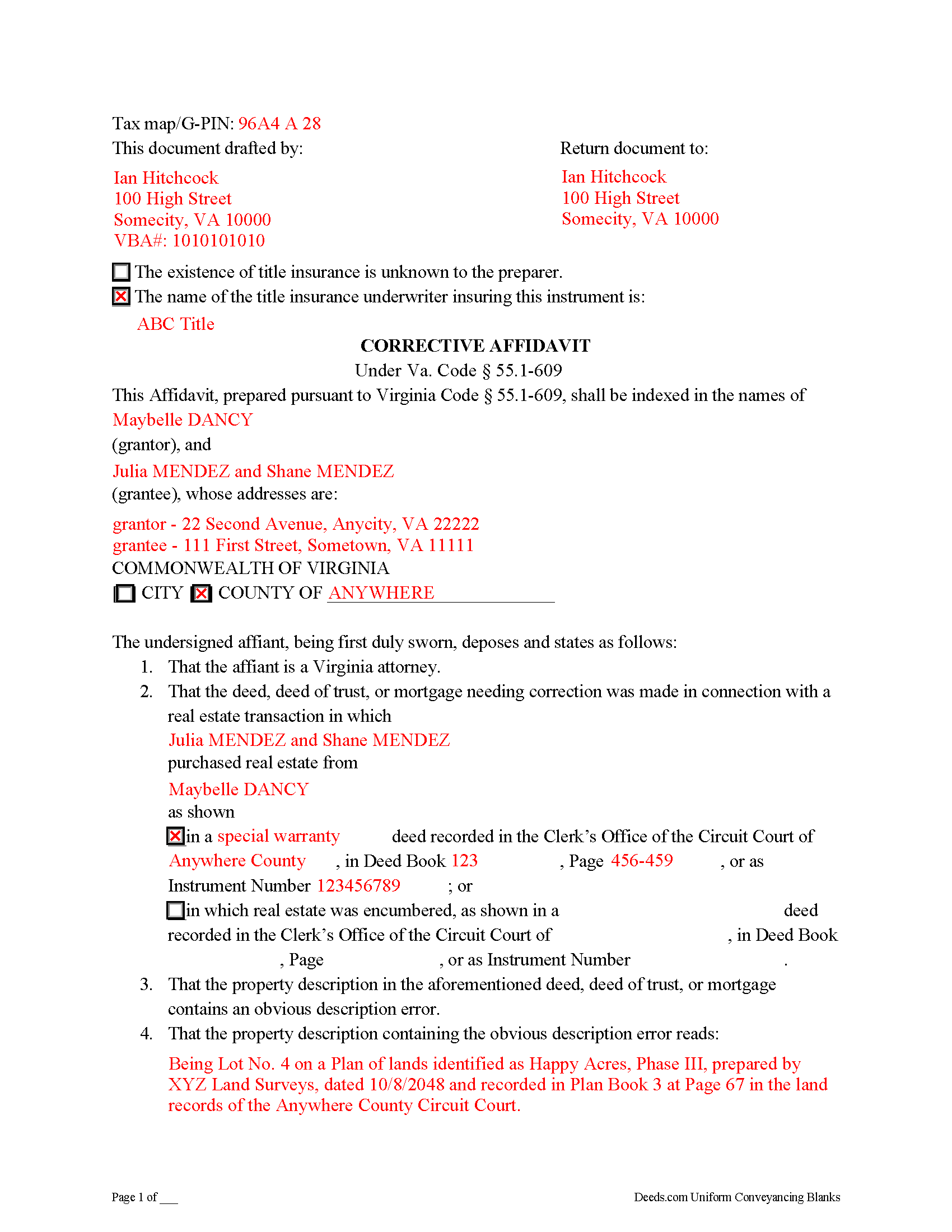Loudoun County Completed Example of the Corrective Affidavit Document