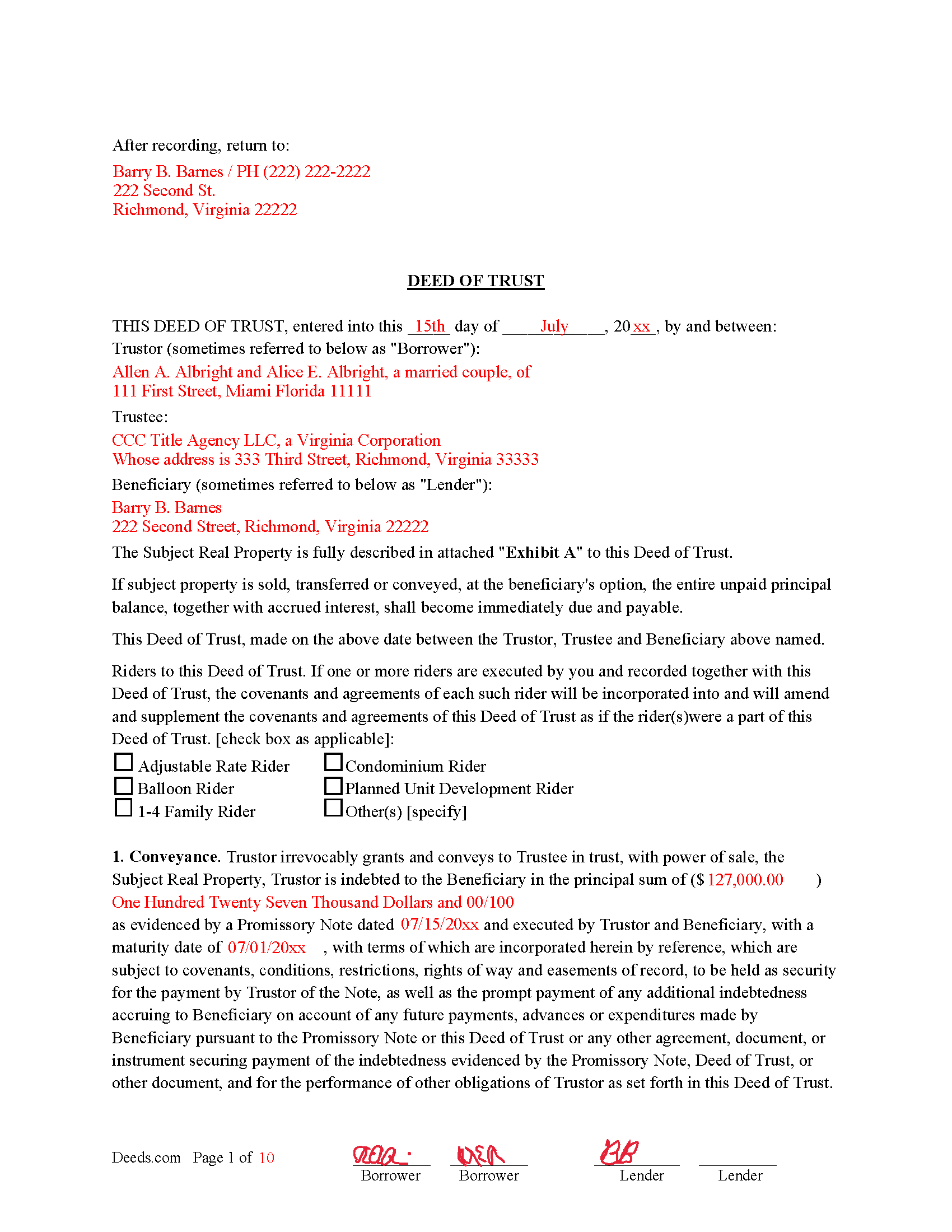 Isle Of Wight County Completed Example of the Deed of Trust