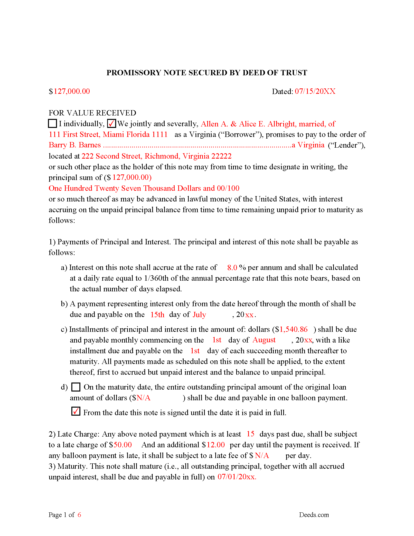 Completed Example of the Promissory Note Document