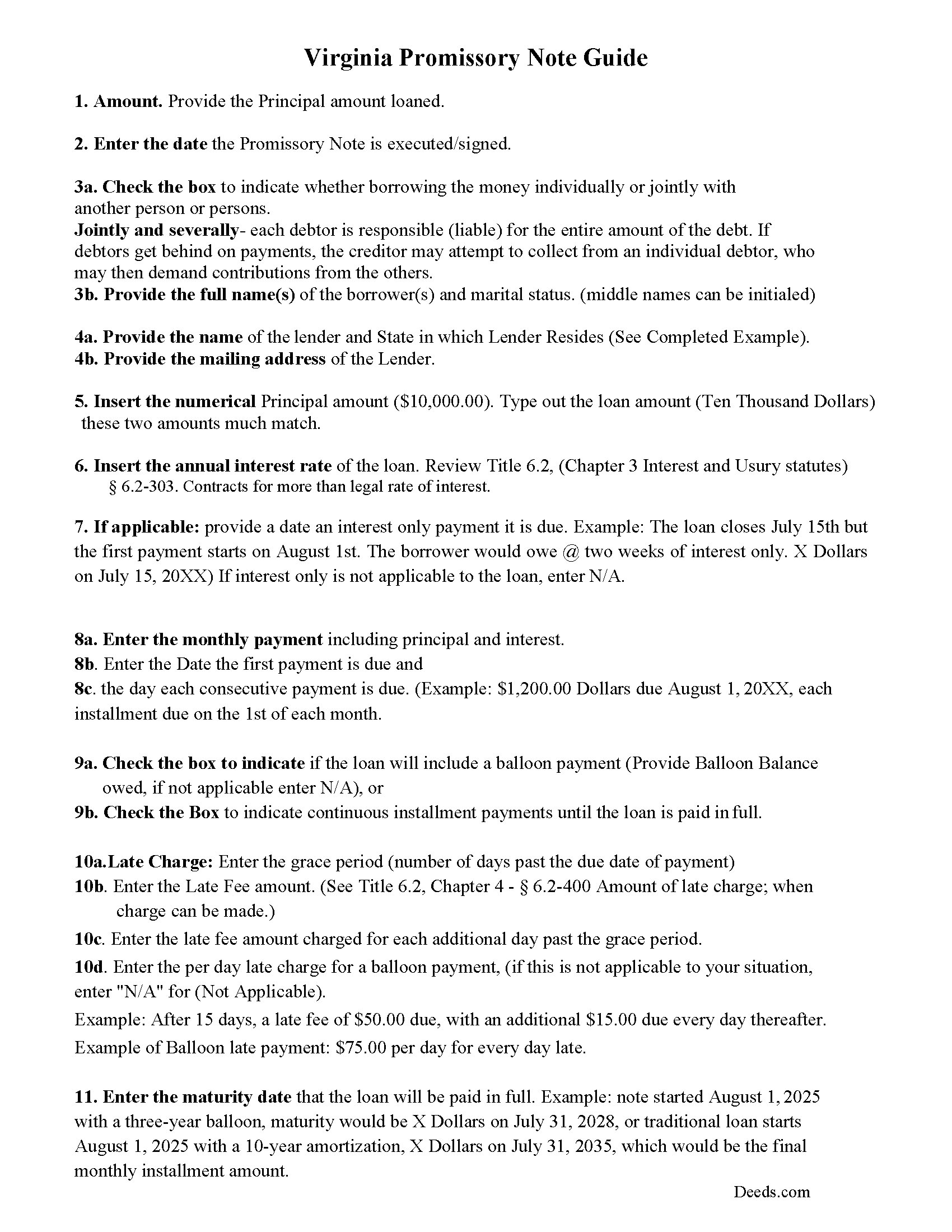 Chesapeake City Promissory Note Guidelines