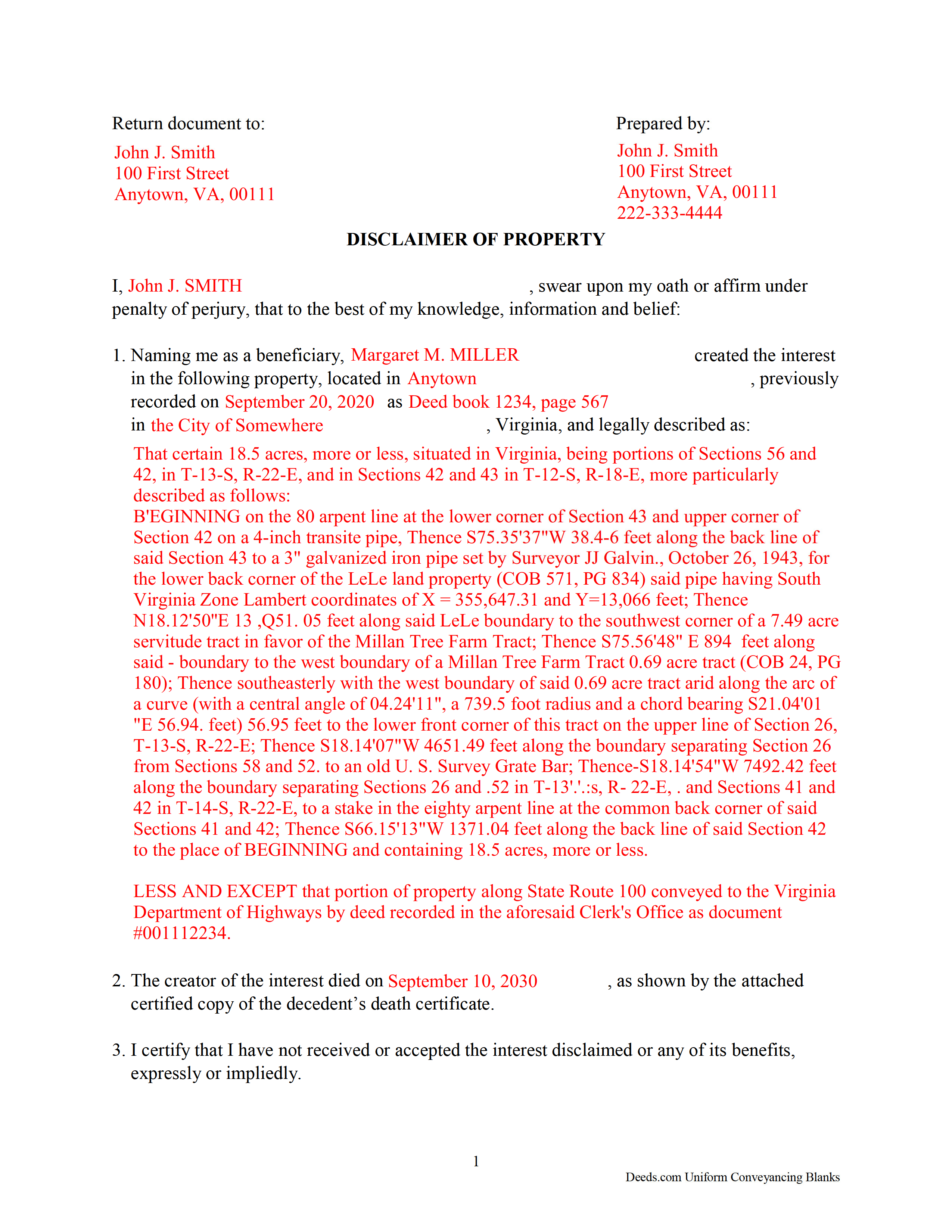 Buckingham County Completed Example of the Disclaimer of Interest Document