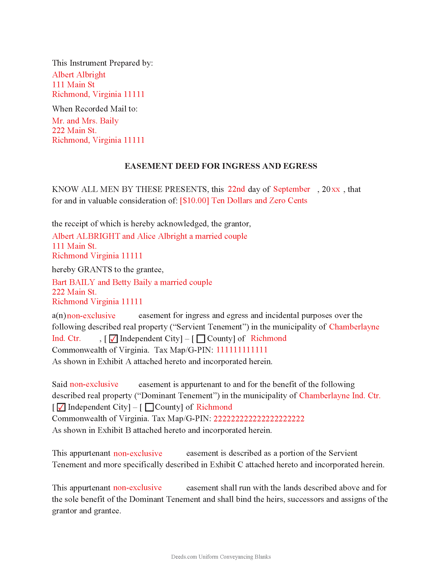 Completed Example of the Easement Deed Document