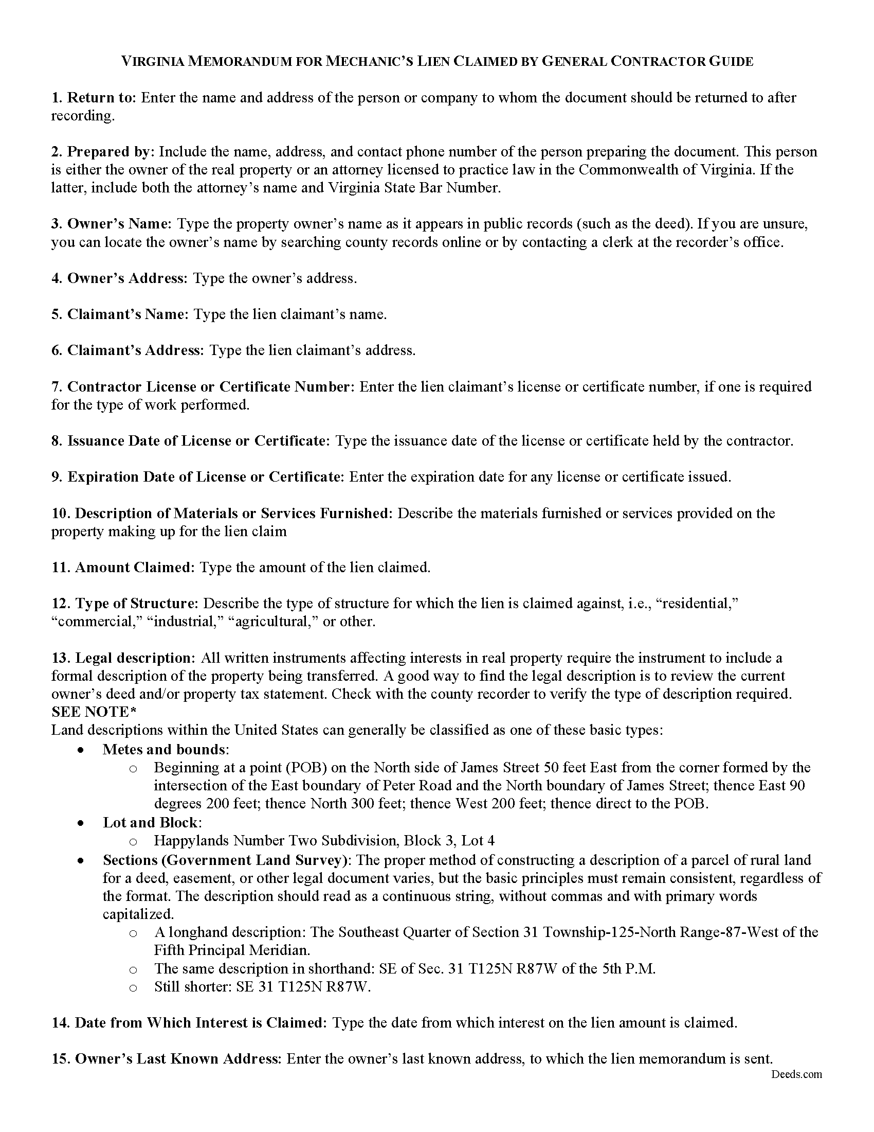 Isle Of Wight County Memorandum for Mechanics Lien Guide