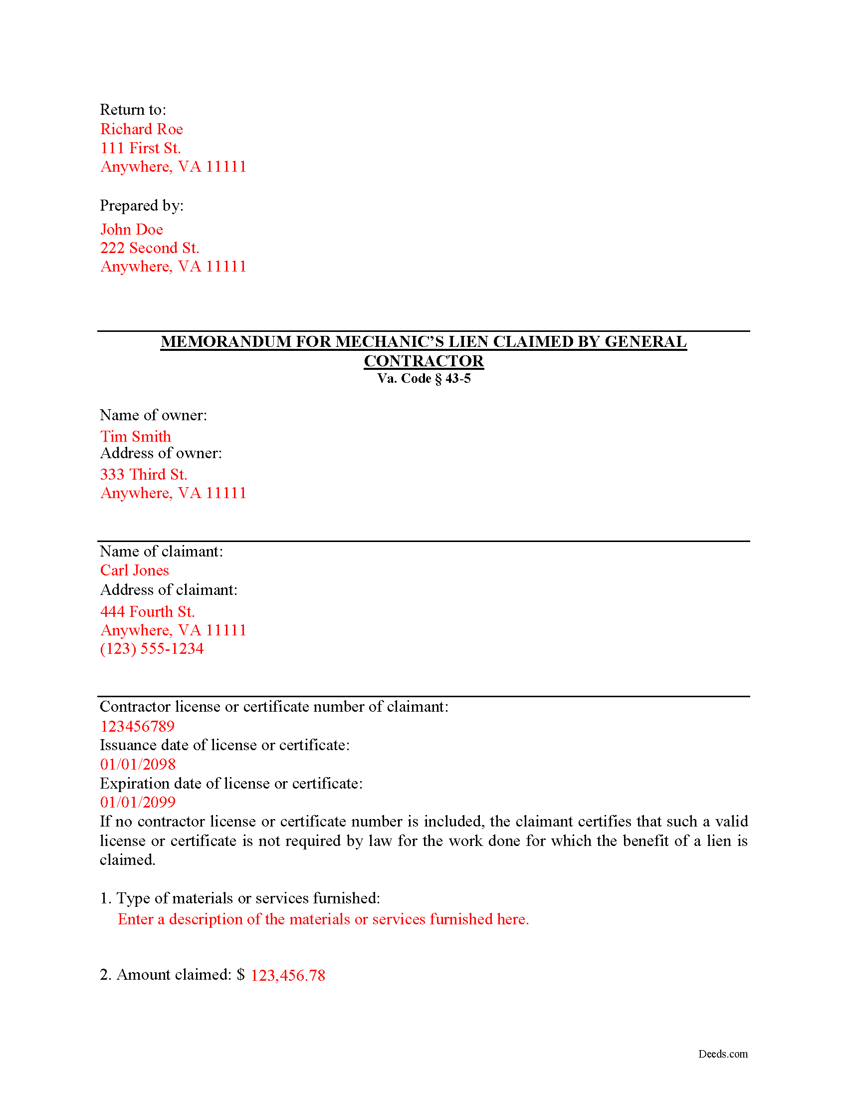 Isle Of Wight County Completed Example of the Memorandum for Mechanics Lien Document