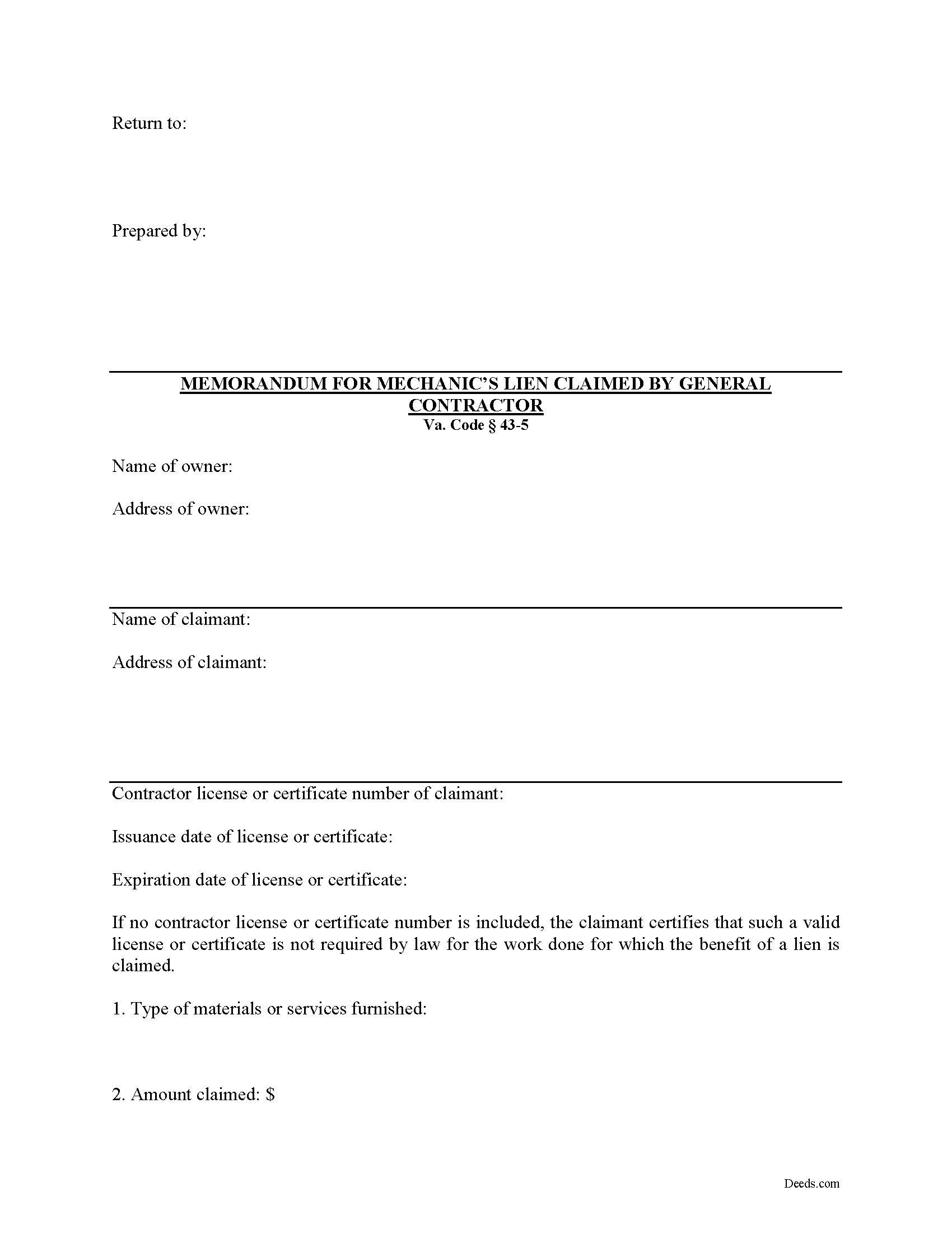 Isle Of Wight County General Contractor Memorandum for Mechanics Lien Form