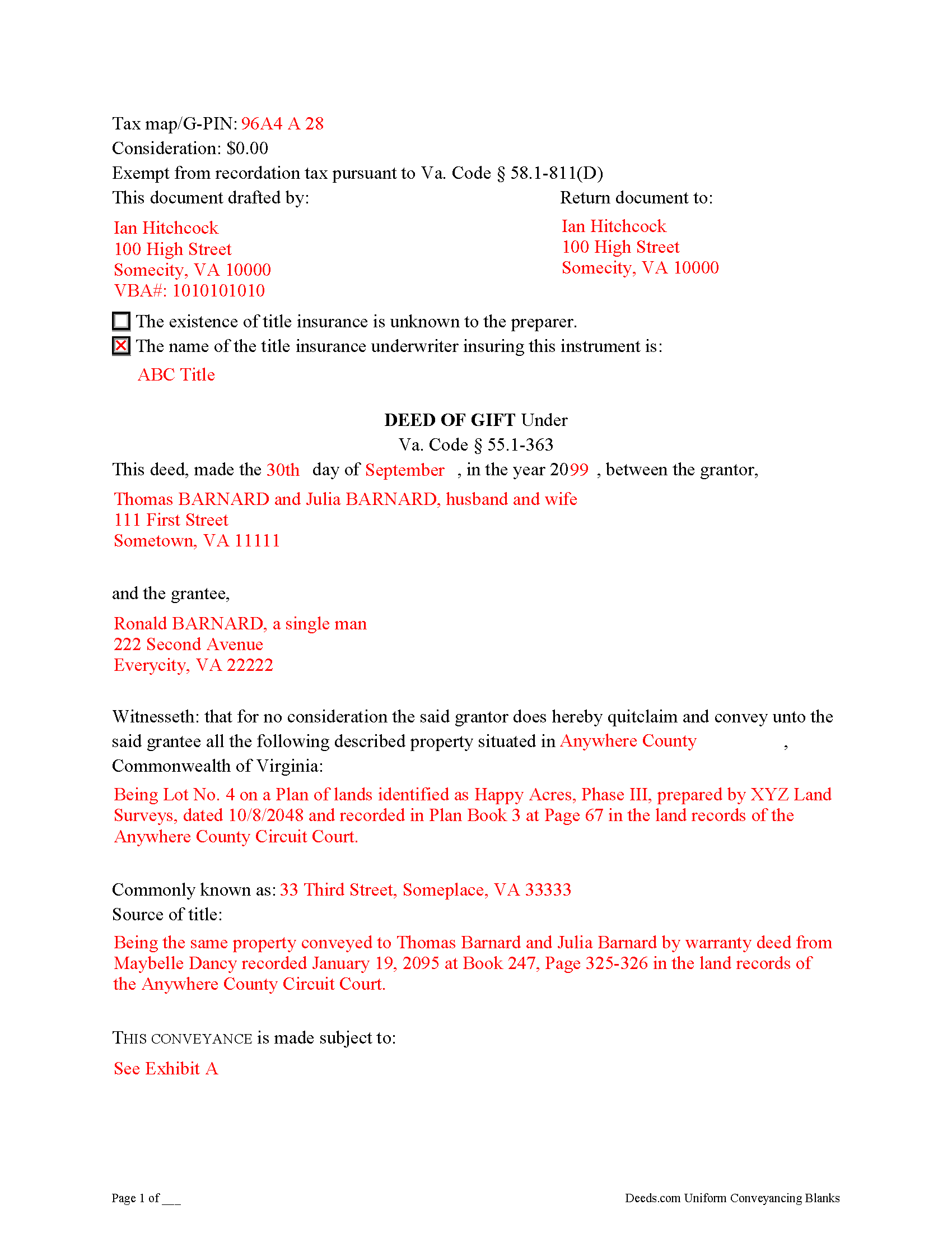 Isle Of Wight County Completed Example of the Gift Deed Document