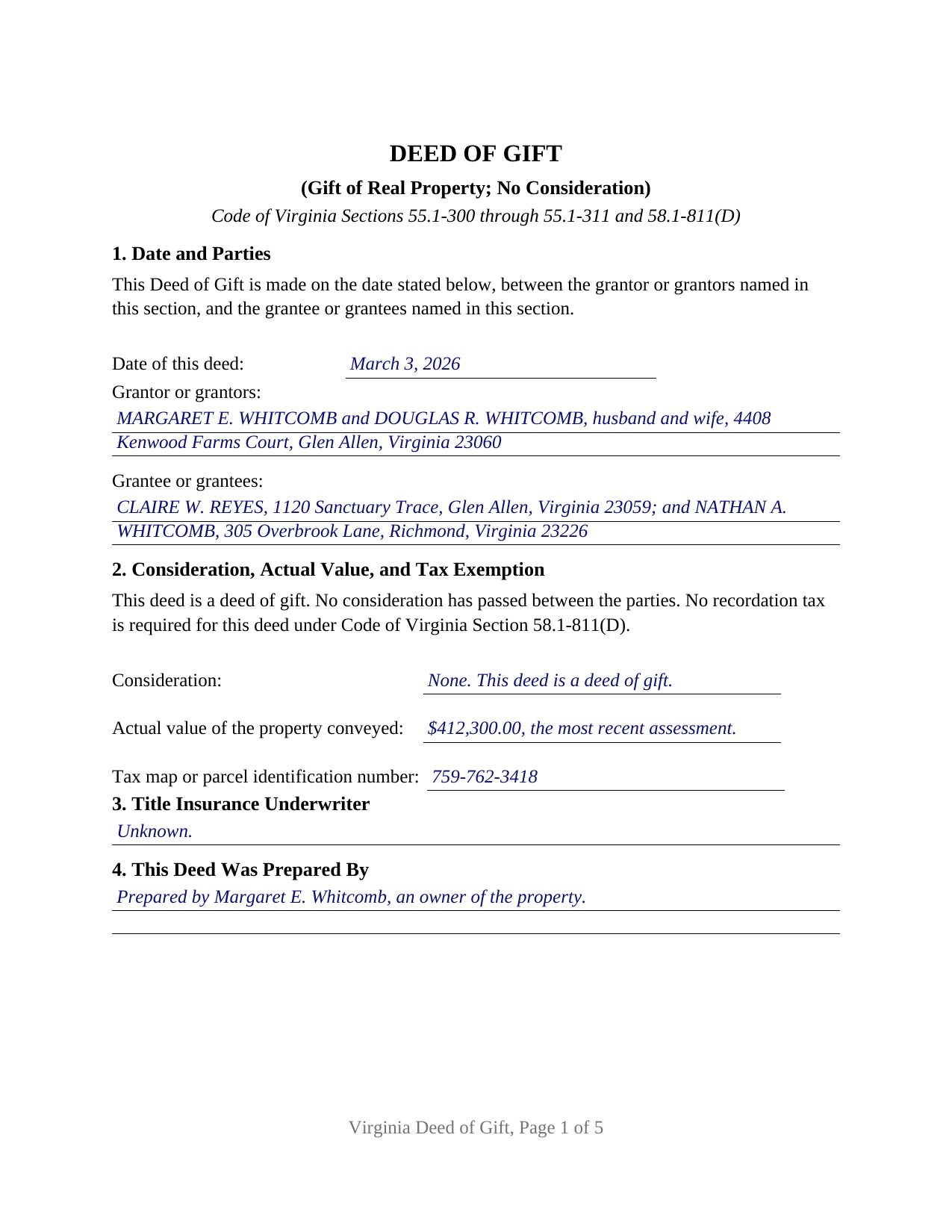 Newport News City Completed Example of the Gift Deed Document