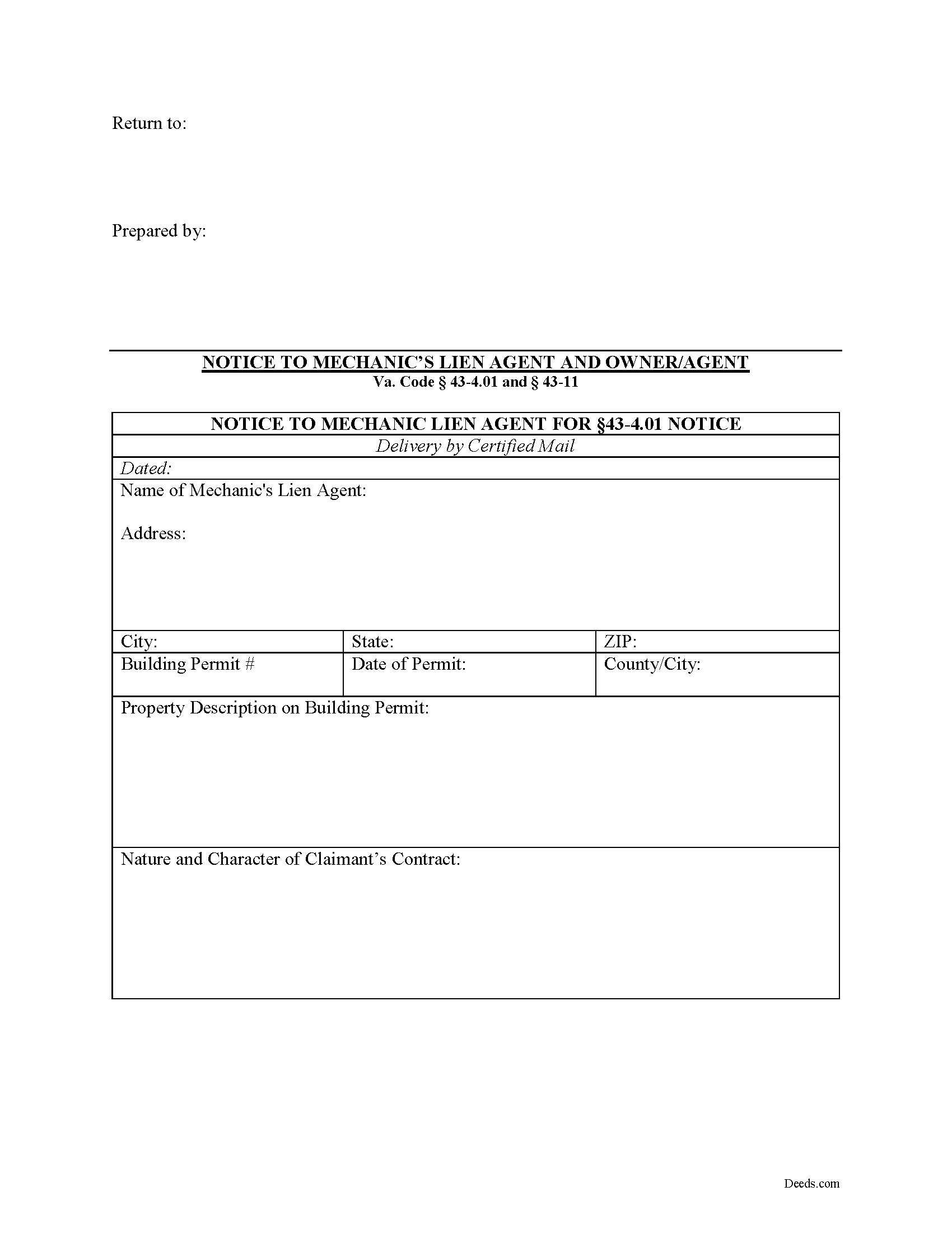 Preliminary Notice to Owner Form