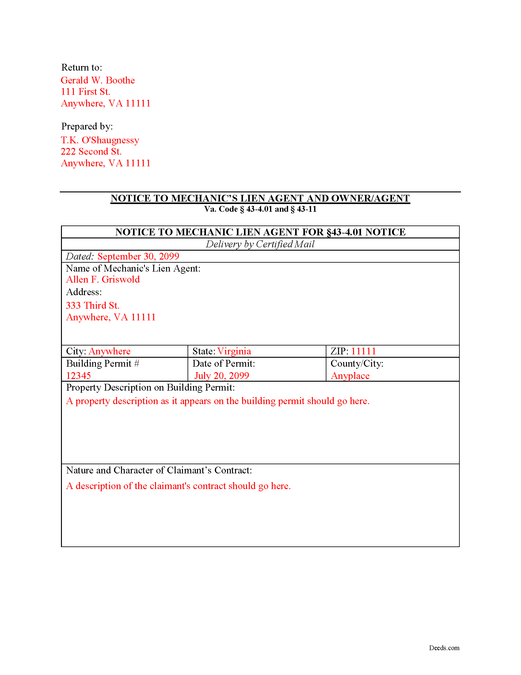 Completed Example of the Preliminary Notice to Owner Document