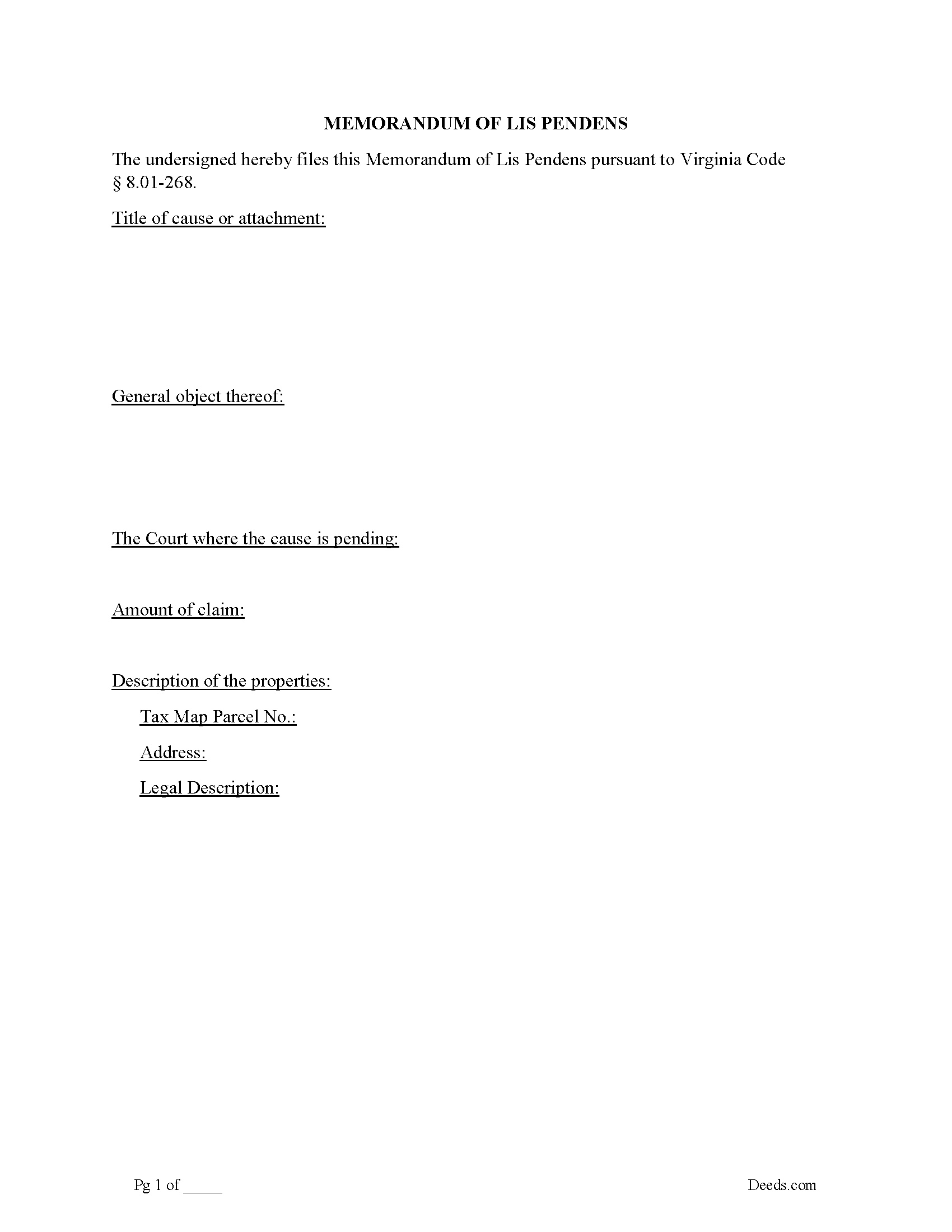 Isle Of Wight County Memorandum of Lis Pendens Form