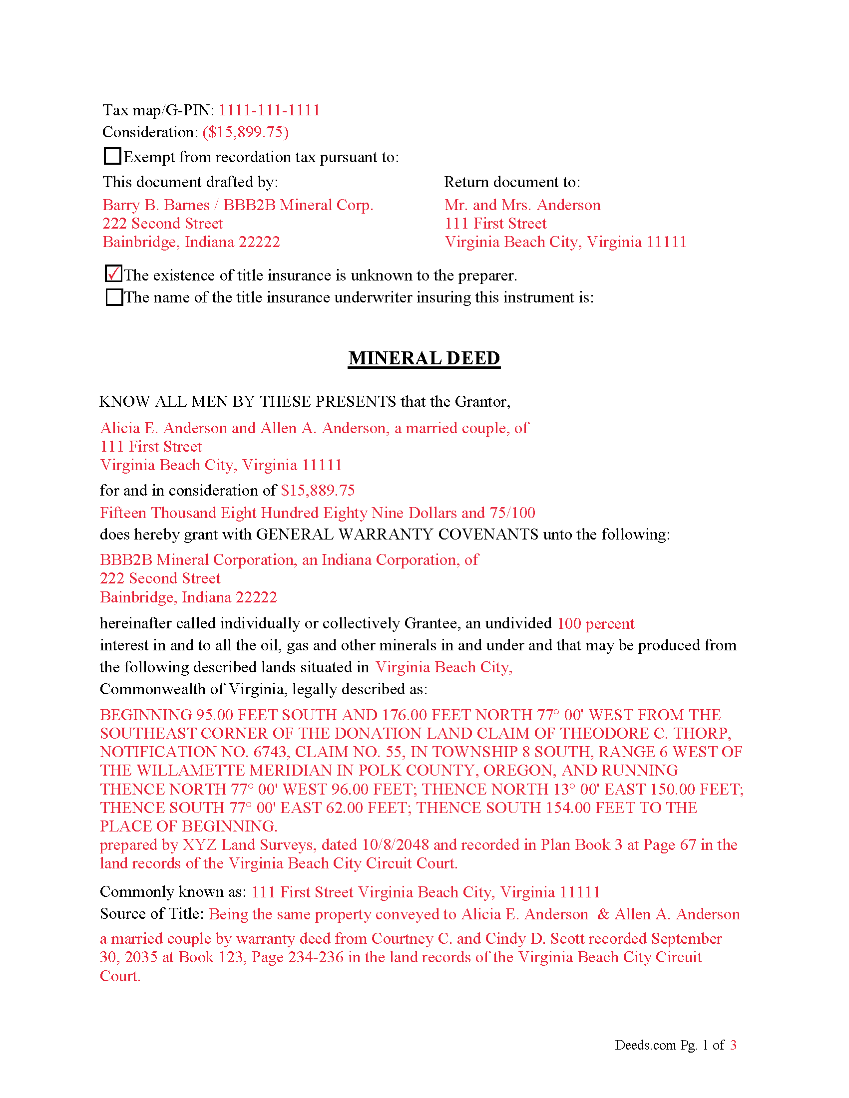 Completed Example of the Mineral Deed Document