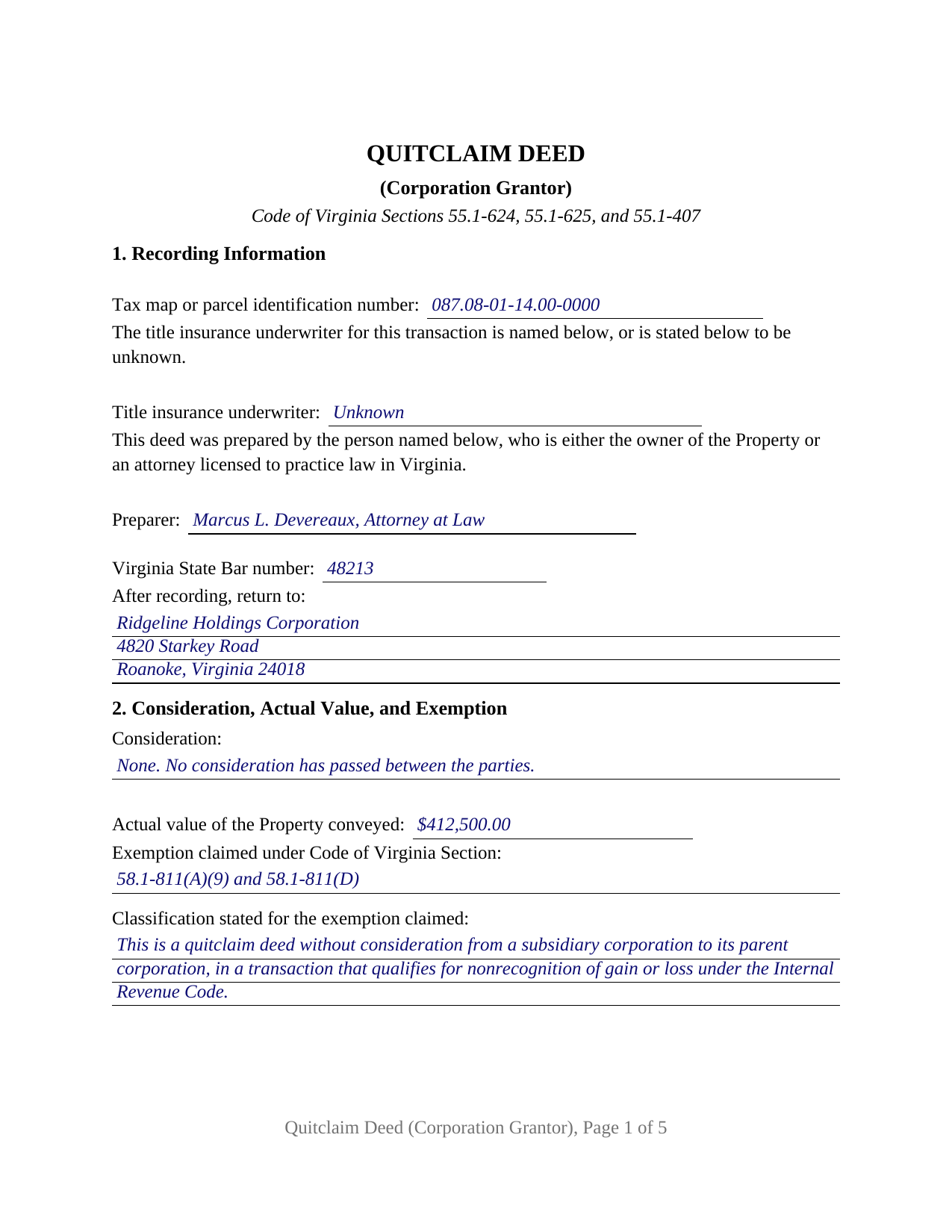 Albemarle County Completed Example of the Quitclaim Deed (Corporation Grantor) Document