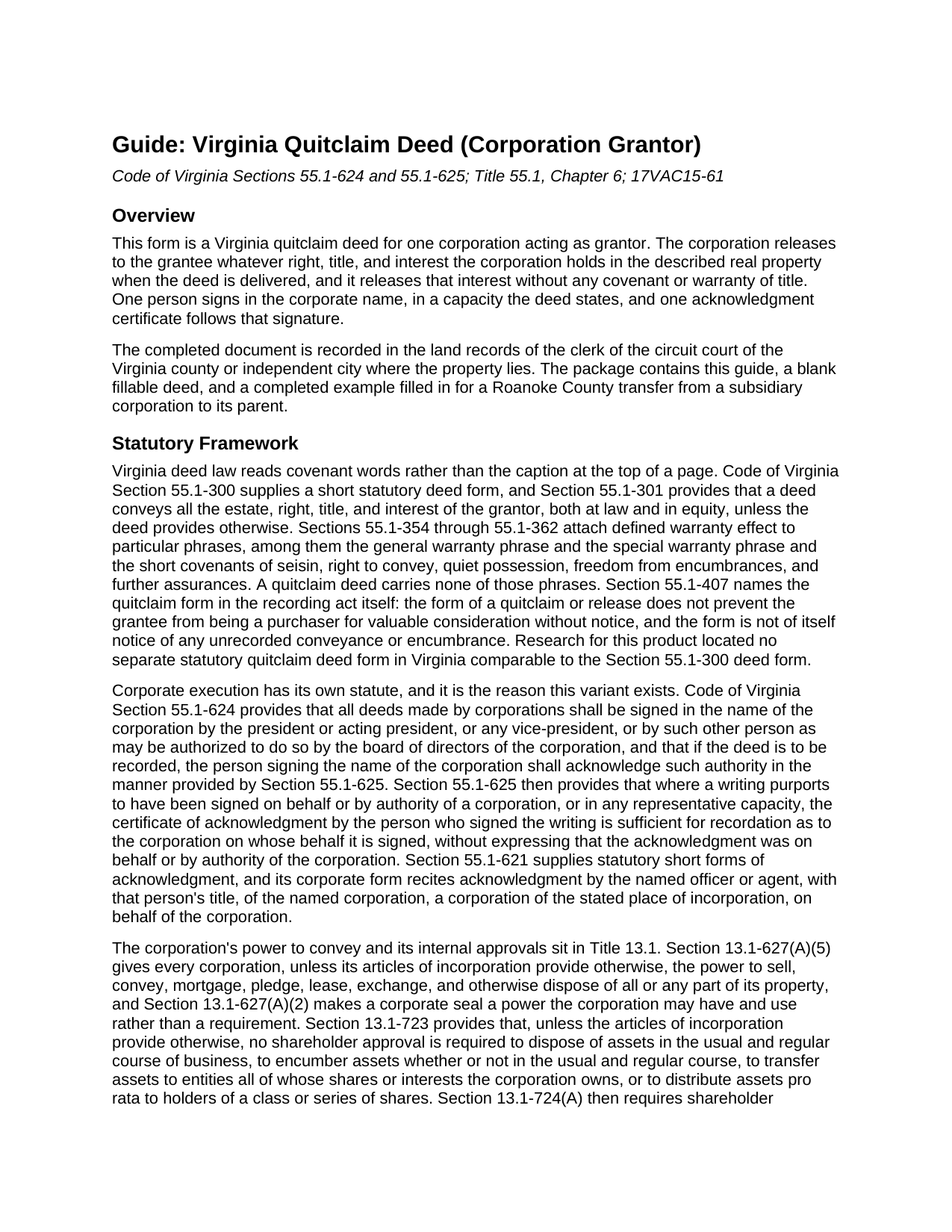 Albemarle County Quitclaim Deed (Corporation Grantor) Guide