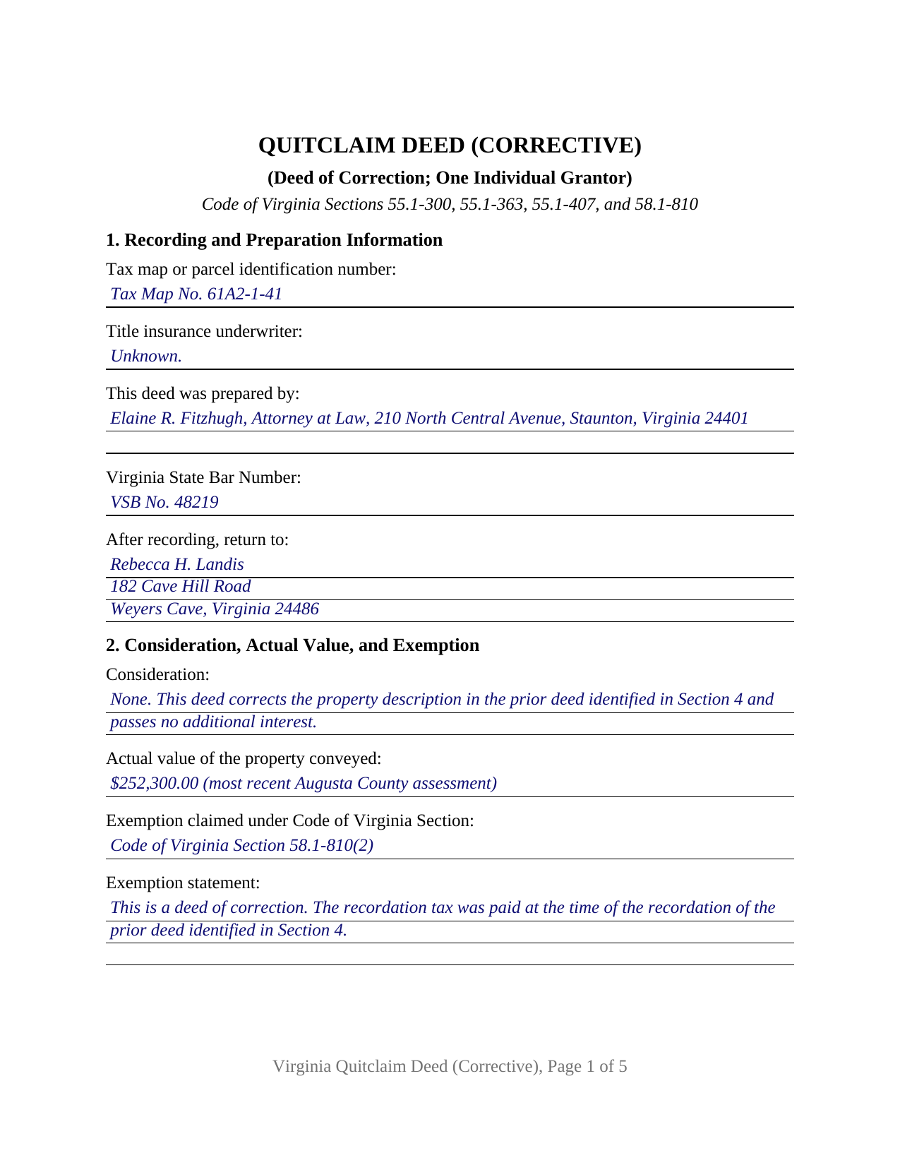 Poquoson City Completed Example of the Quitclaim Deed (Corrective) Document