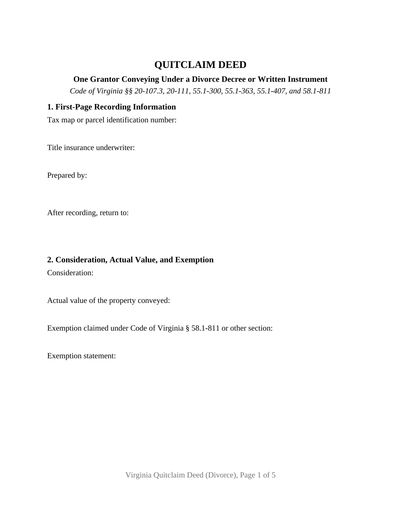 Greensville County Quitclaim Deed (Divorce) Form