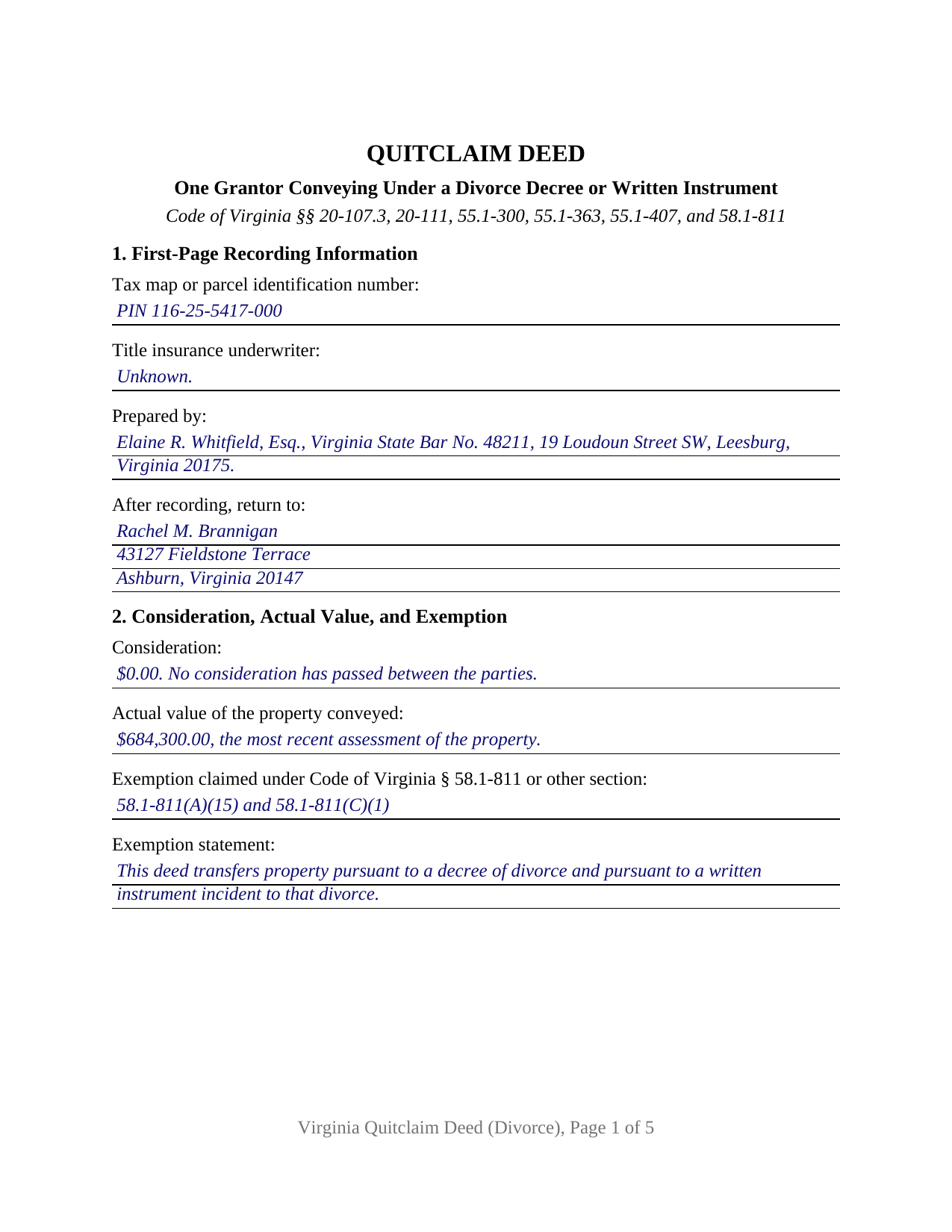 Greensville County Completed Example of the Quitclaim Deed (Divorce) Document