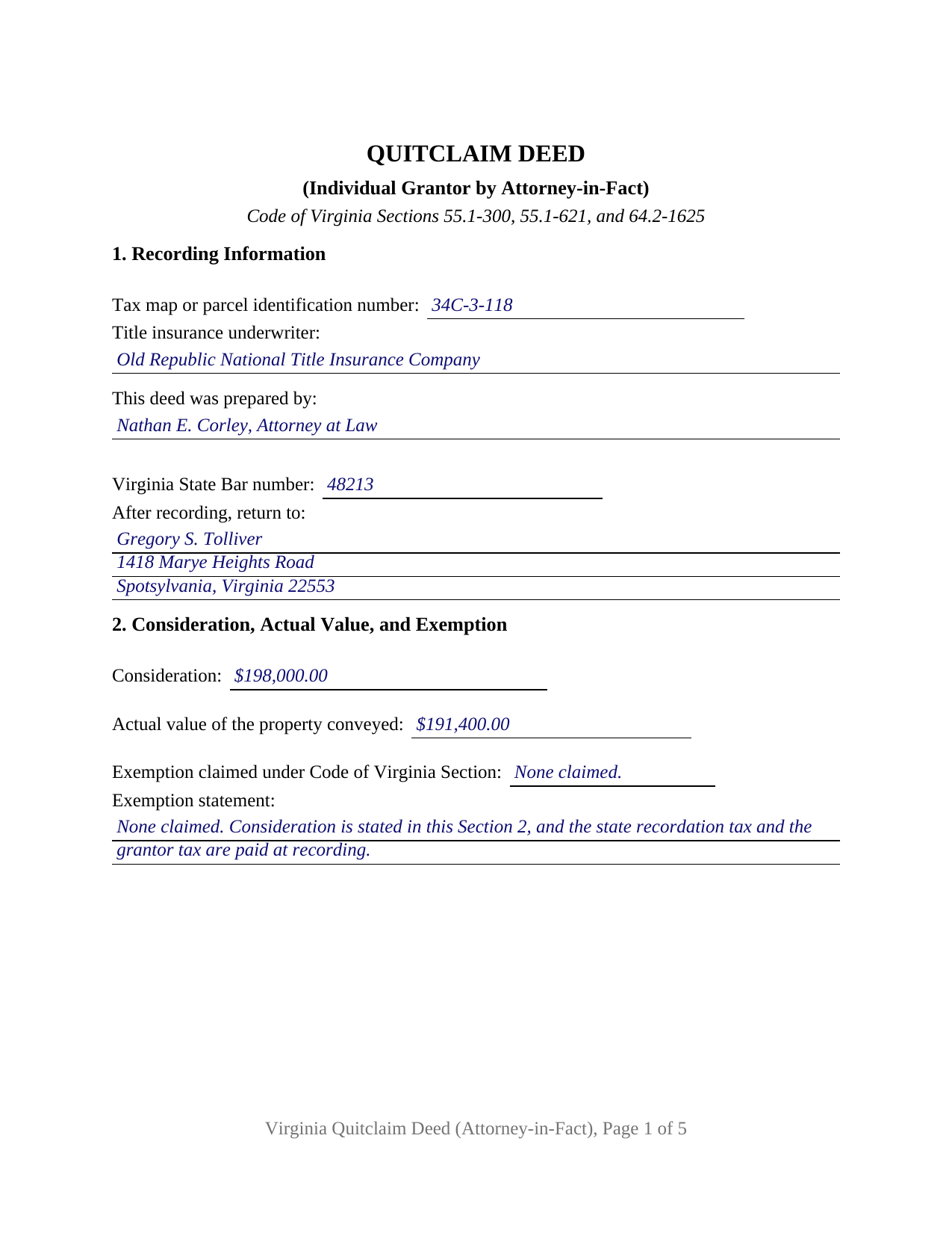 Henry County Completed Example of the Quitclaim Deed (Individual Grantor by Attorney-in-Fact) Document