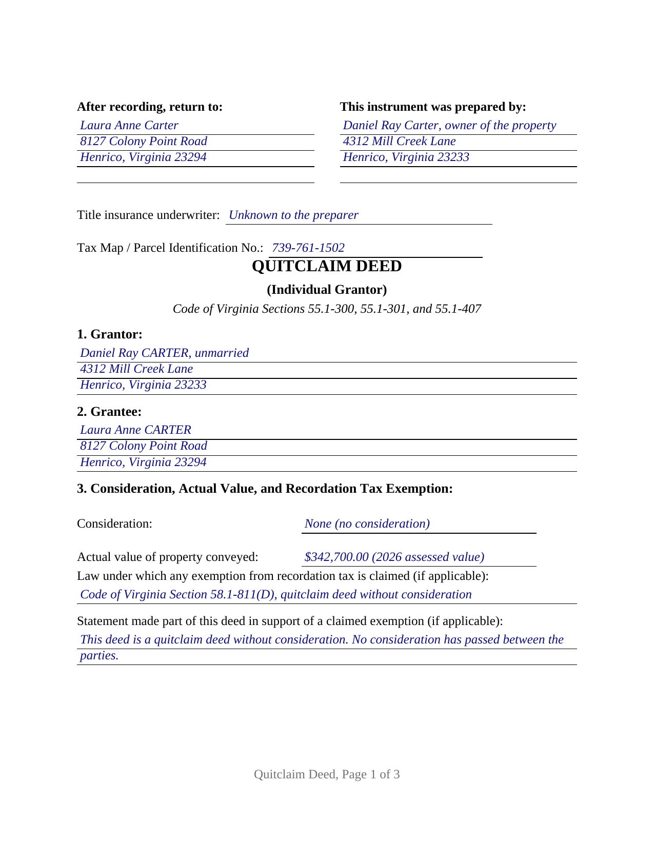 Roanoke County Completed Example of the Quitclaim Deed (Individual Grantor) Document