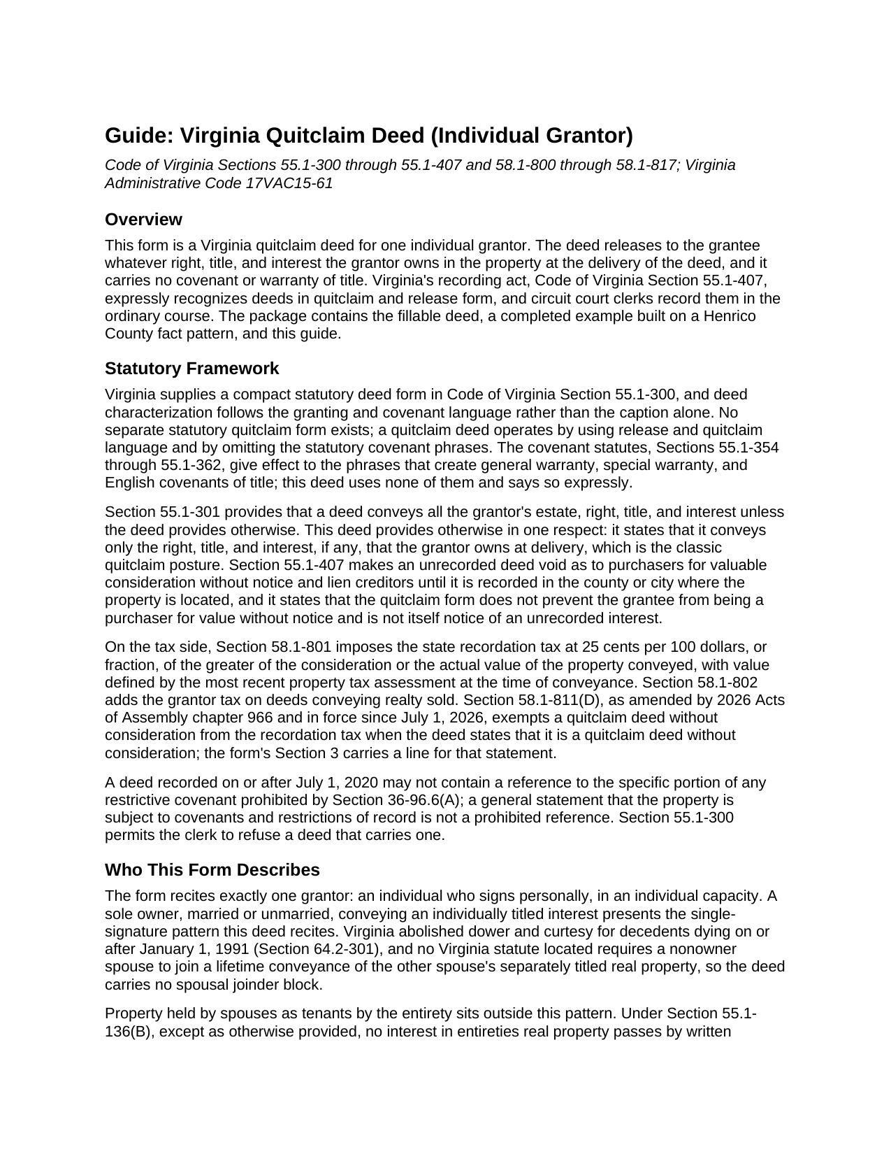 Roanoke County Quitclaim Deed (Individual Grantor) Guide