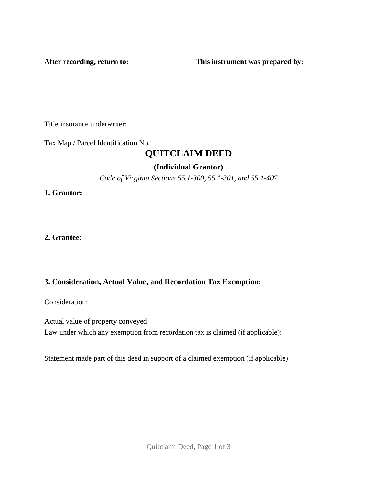Roanoke County Quitclaim Deed (Individual Grantor) Form