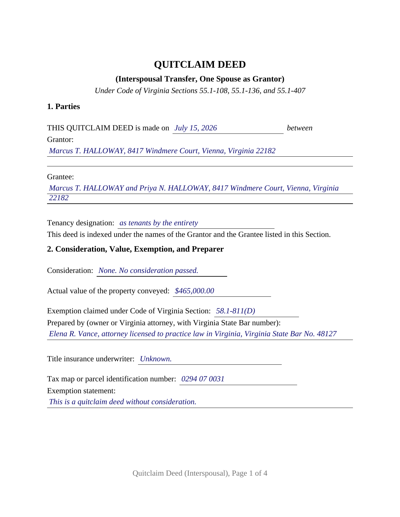 Norfolk City Completed Example of the Quitclaim Deed (Interspousal) Document