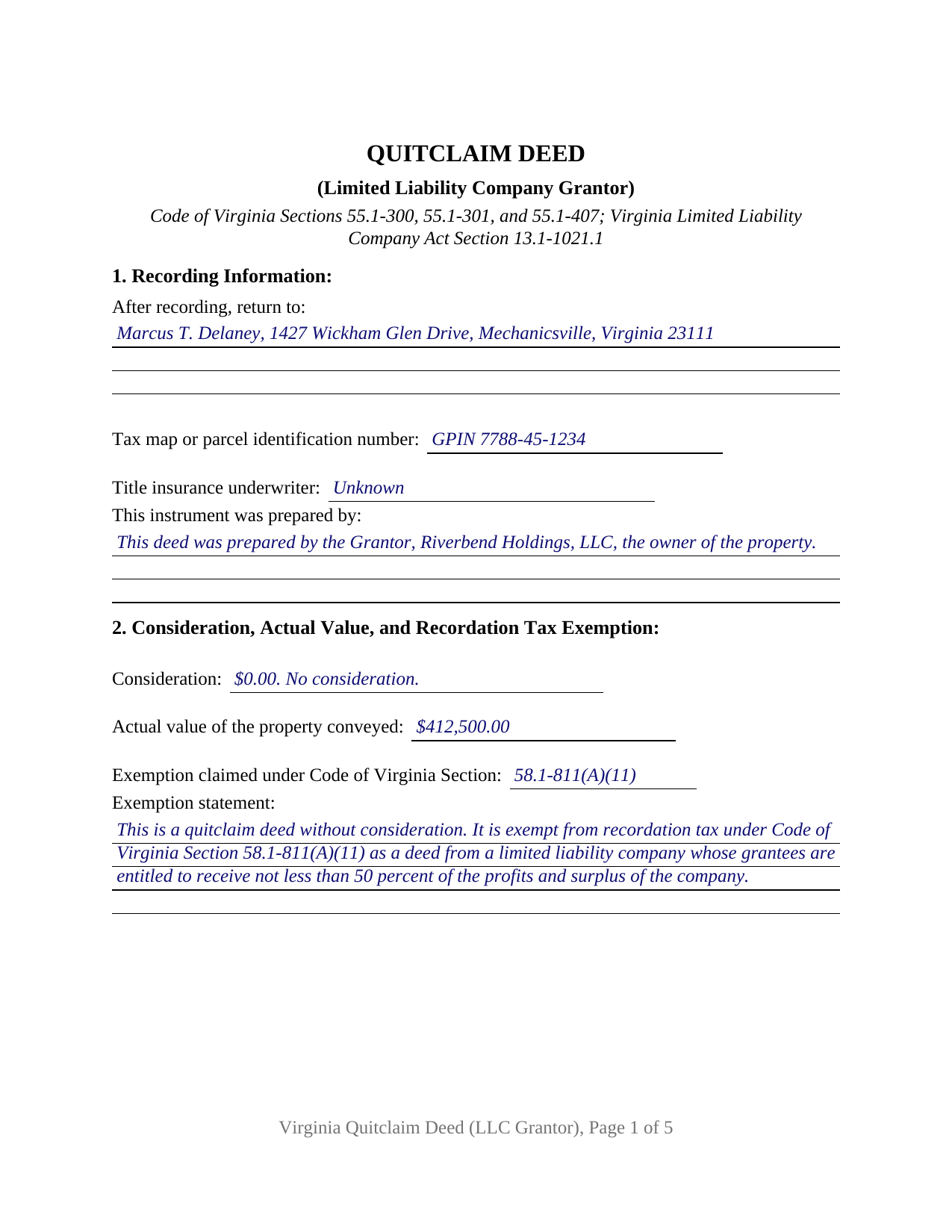 Buchanan County Completed Example of the Quitclaim Deed (LLC Grantor) Document