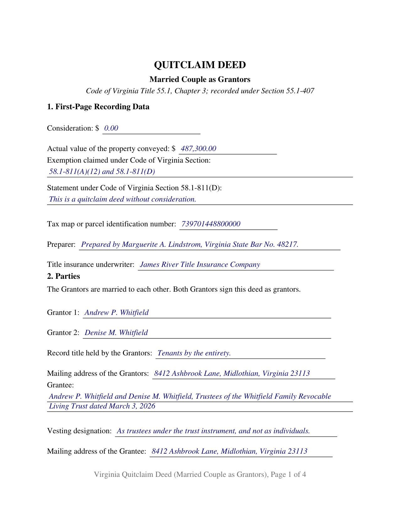 Henrico County Completed Example of the Quitclaim Deed (Married Couple as Grantors) Document