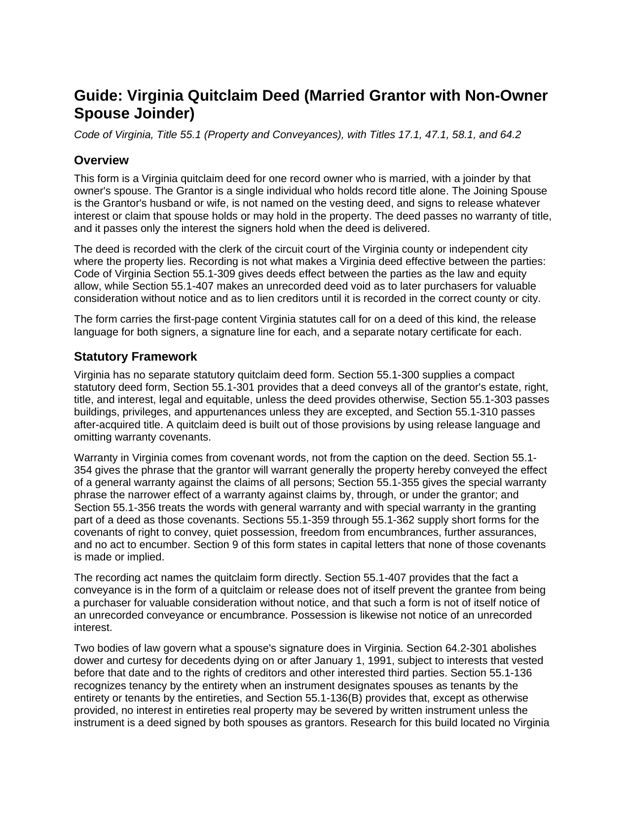 Richmond City Quitclaim Deed (Married Grantor with Non-Owner Spouse Joinder) Guide