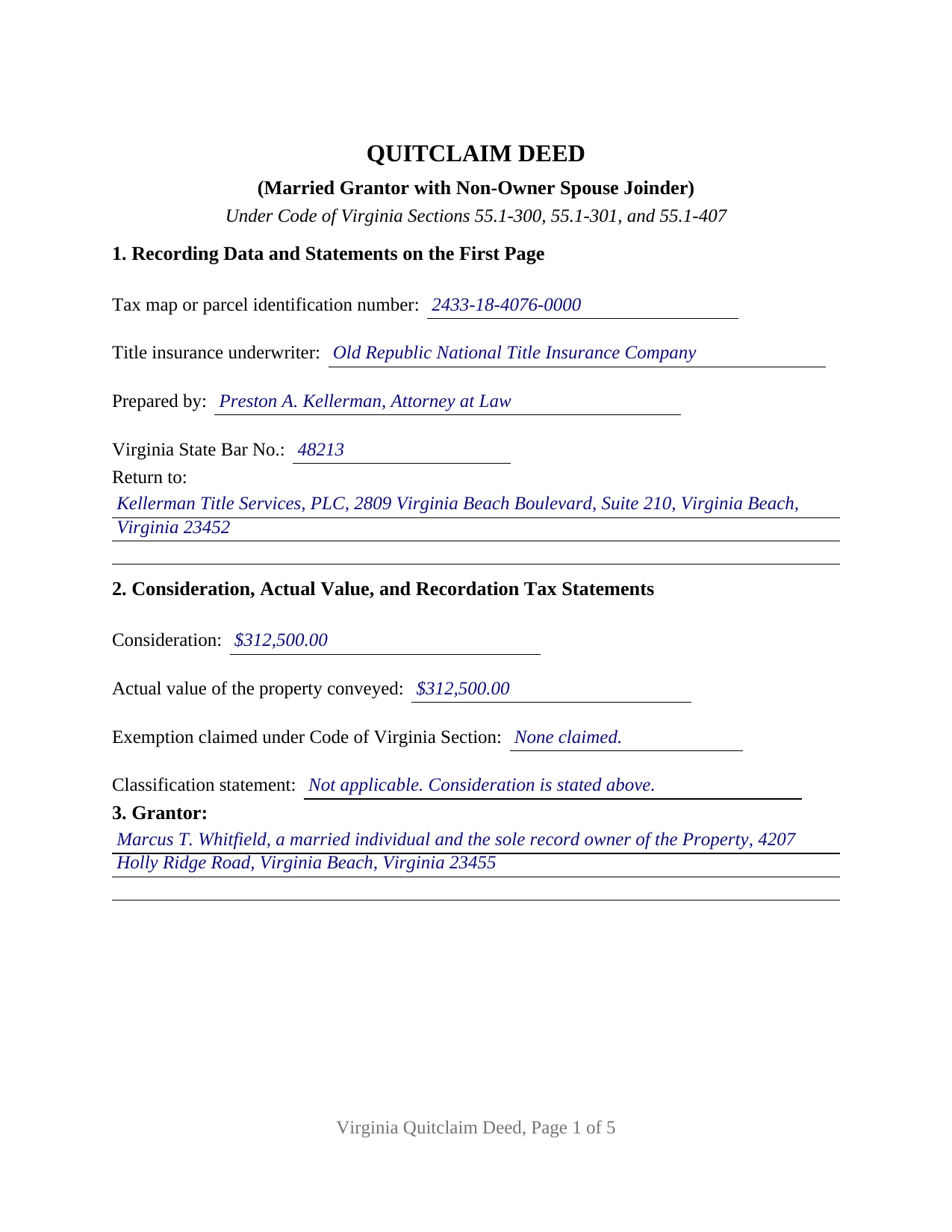 Richmond City Completed Example of the Quitclaim Deed (Married Grantor with Non-Owner Spouse Joinder) Document
