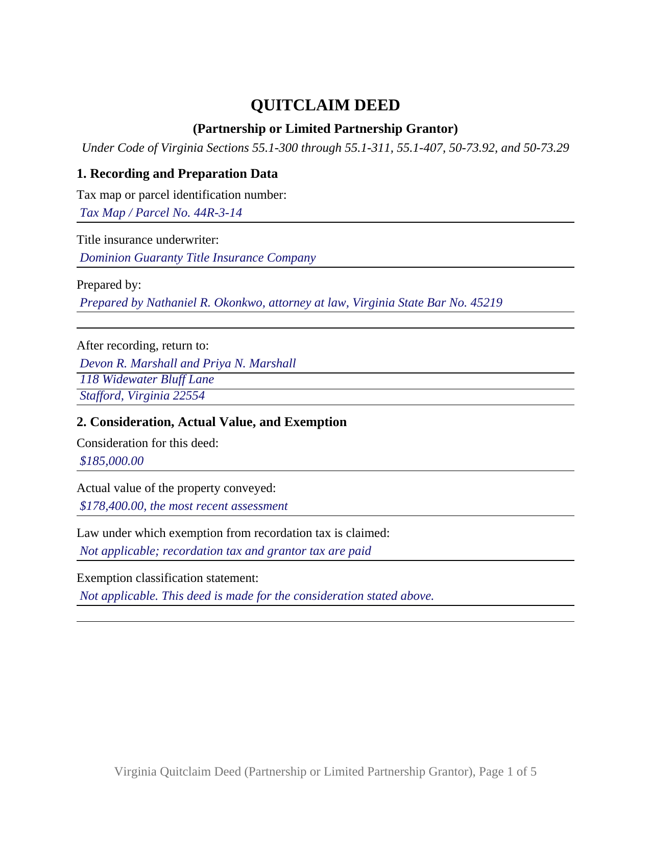 Accomack County Completed Example of the Quitclaim Deed (Partnership or Limited Partnership Grantor) Document