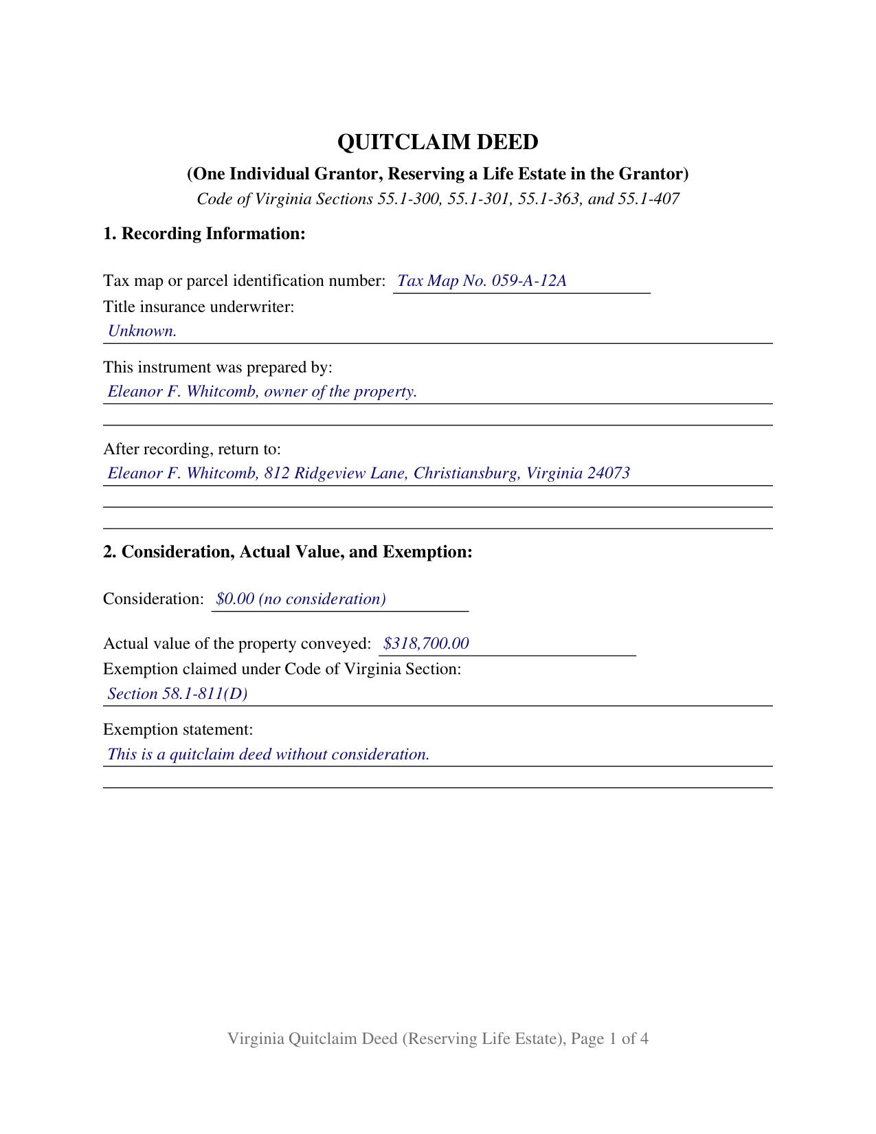 Clarke County Completed Example of the Quitclaim Deed (Reserving Life Estate) Document