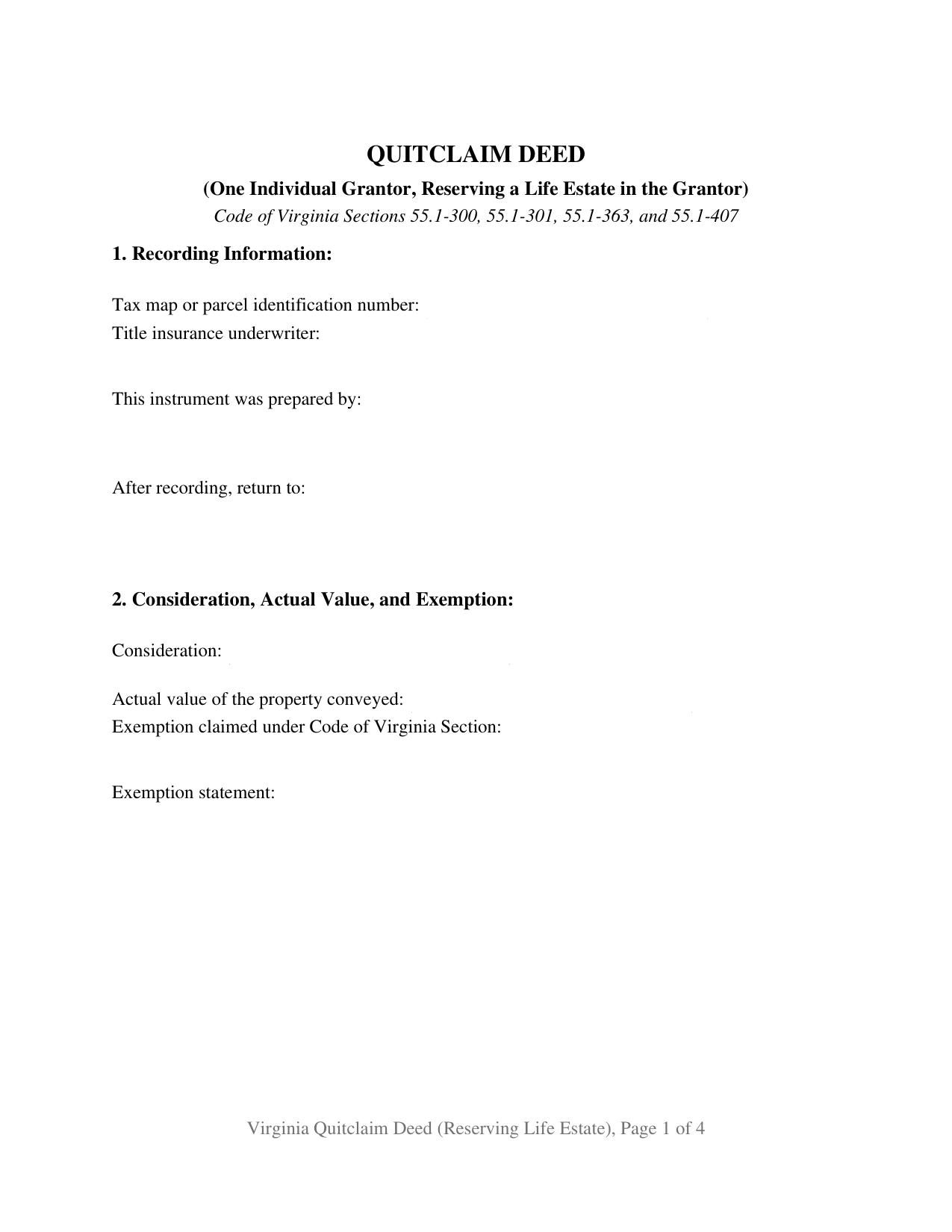Clarke County Quitclaim Deed (Reserving Life Estate) Form