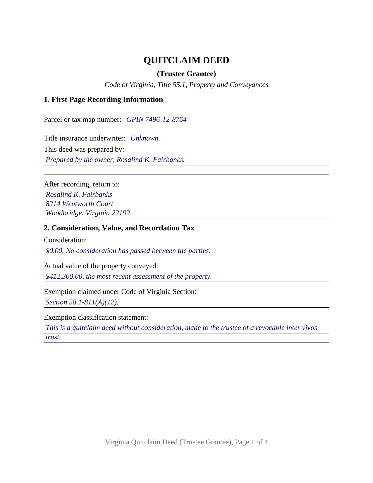 Roanoke City Completed Example of the Quitclaim Deed (Trustee Grantee) Document