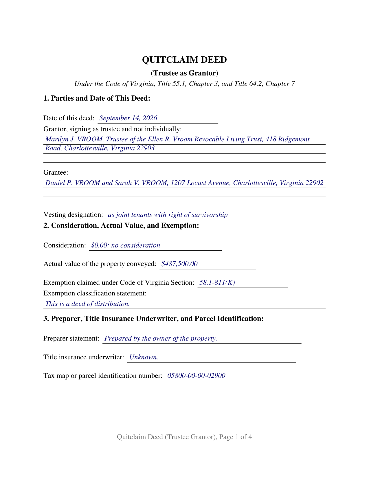 Radford County Completed Example of the Quitclaim Deed (Trustee Grantor) Document