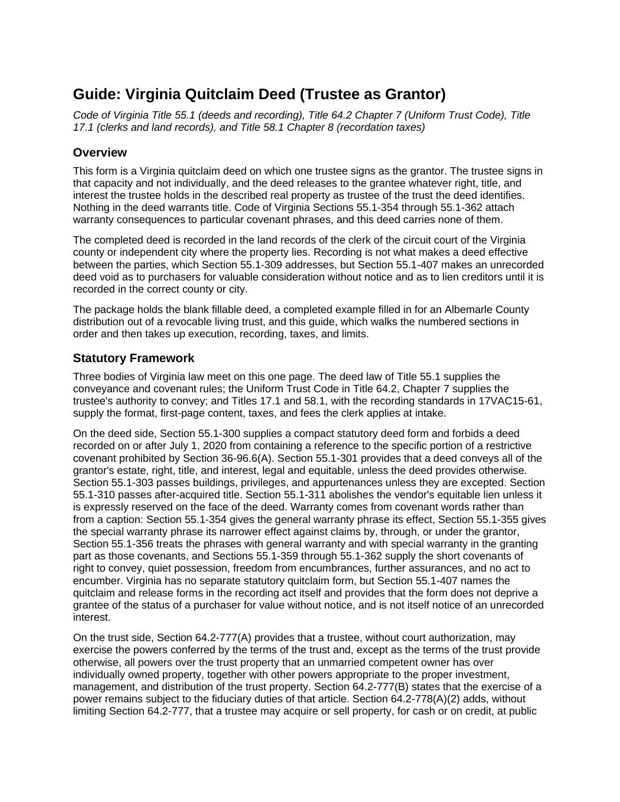 Radford County Quitclaim Deed (Trustee Grantor) Guide