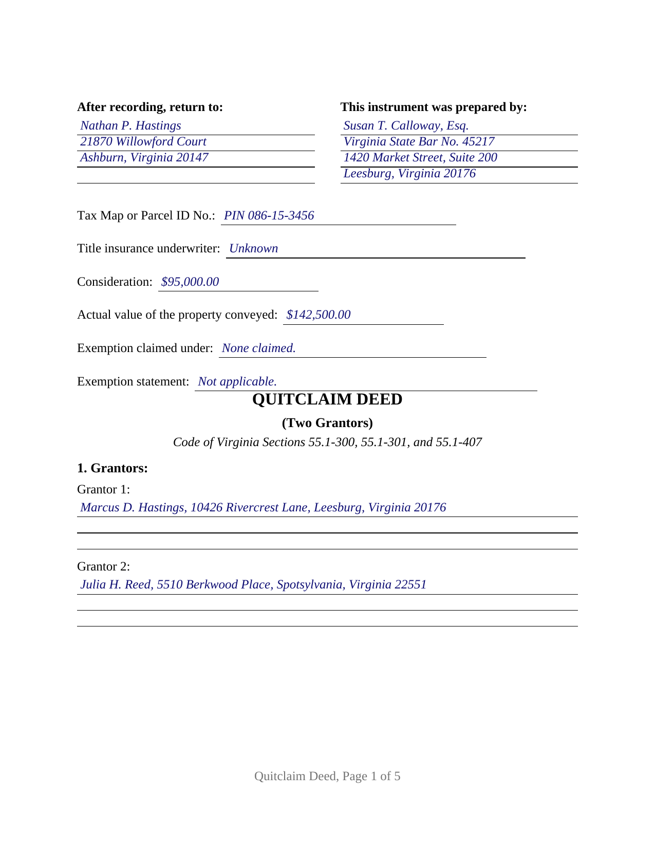 Prince William County Completed Example of the Quitclaim Deed (Two Grantors) Document