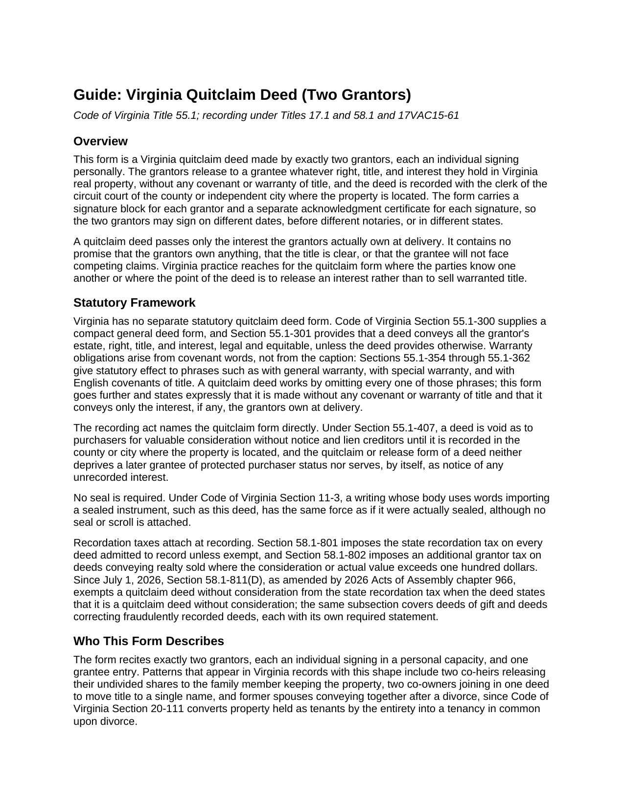 Prince William County Quitclaim Deed (Two Grantors) Guide
