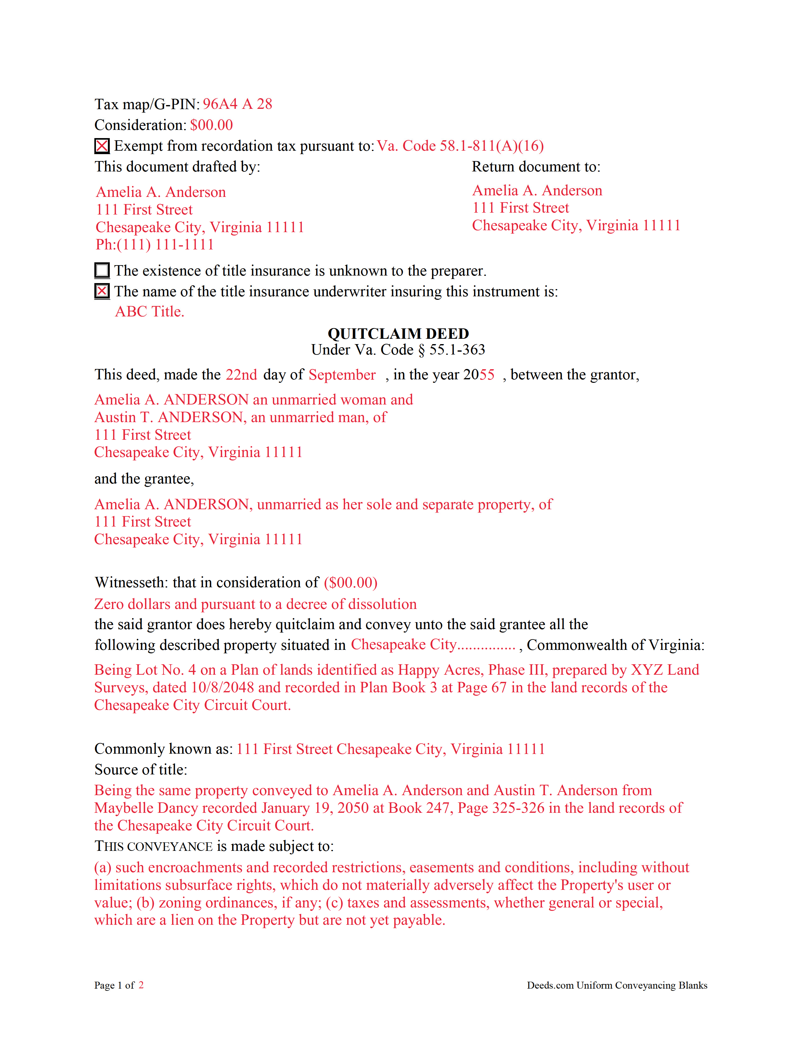 Completed Example of the Quitclaim Deed Document