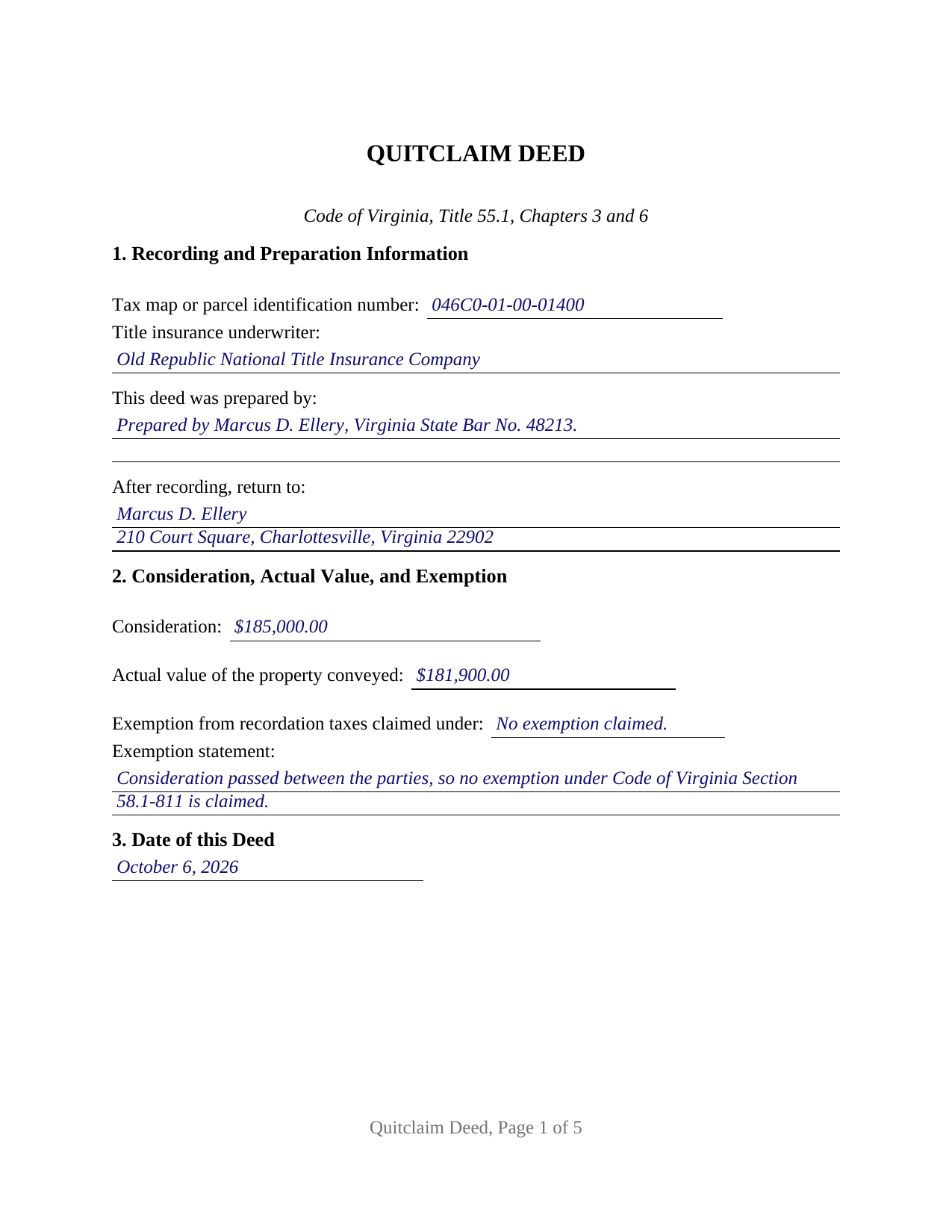 Lexington City Completed Example of the Quitclaim Deed Document