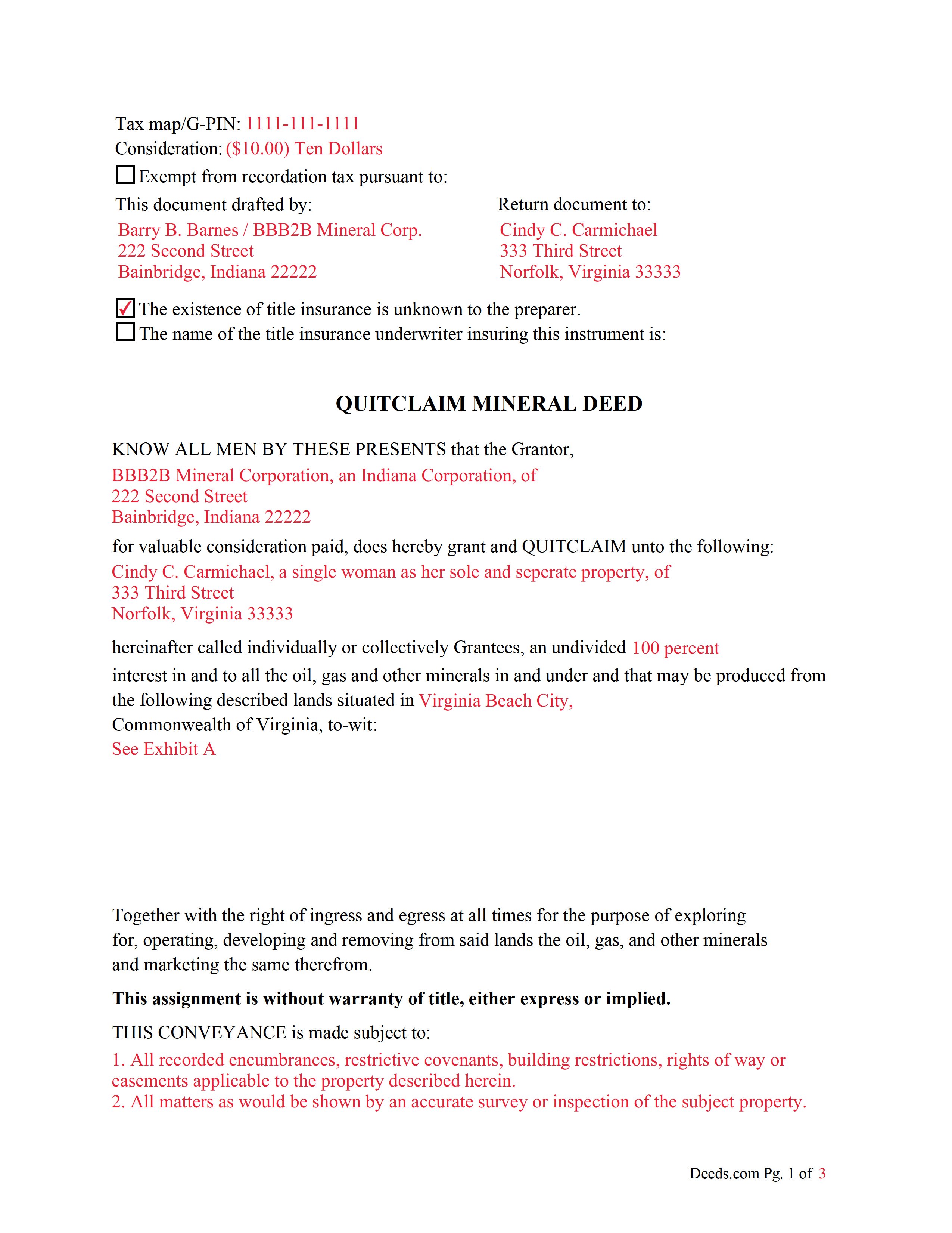 Completed Example of the Quitclaim Mineral Deed Document