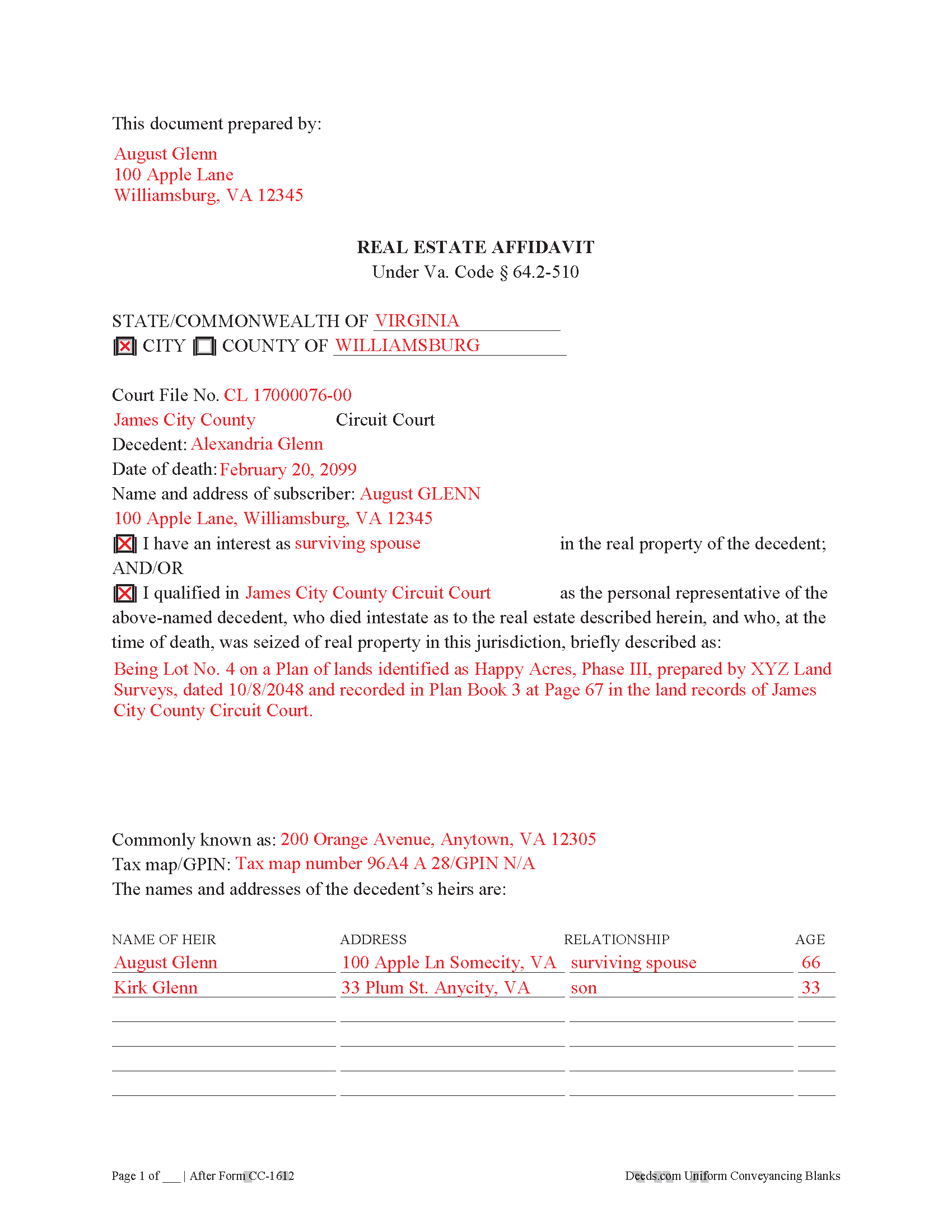 King William County Completed Example of the Real Estate Affidavit Document