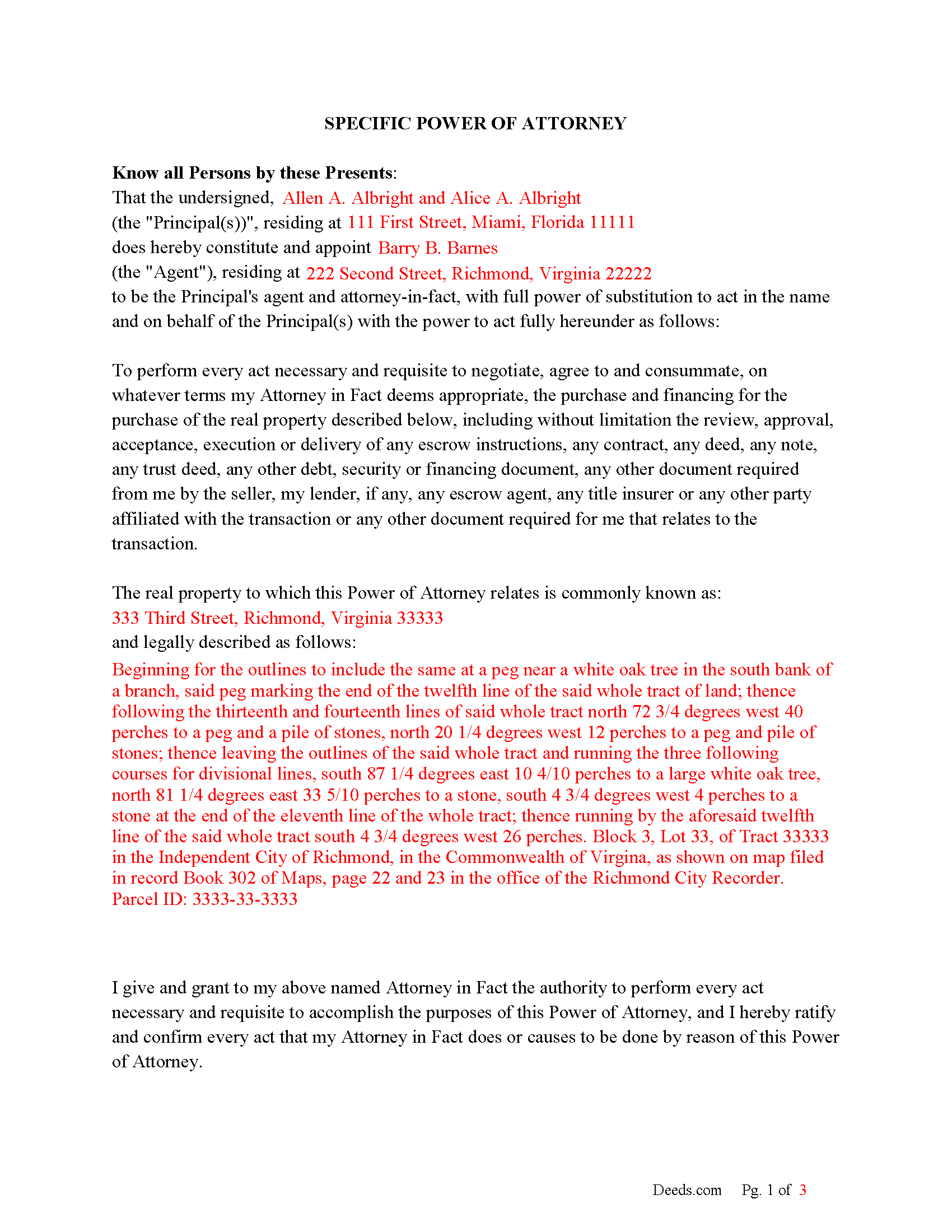 Isle Of Wight County Completed Example of the Power of Attorney