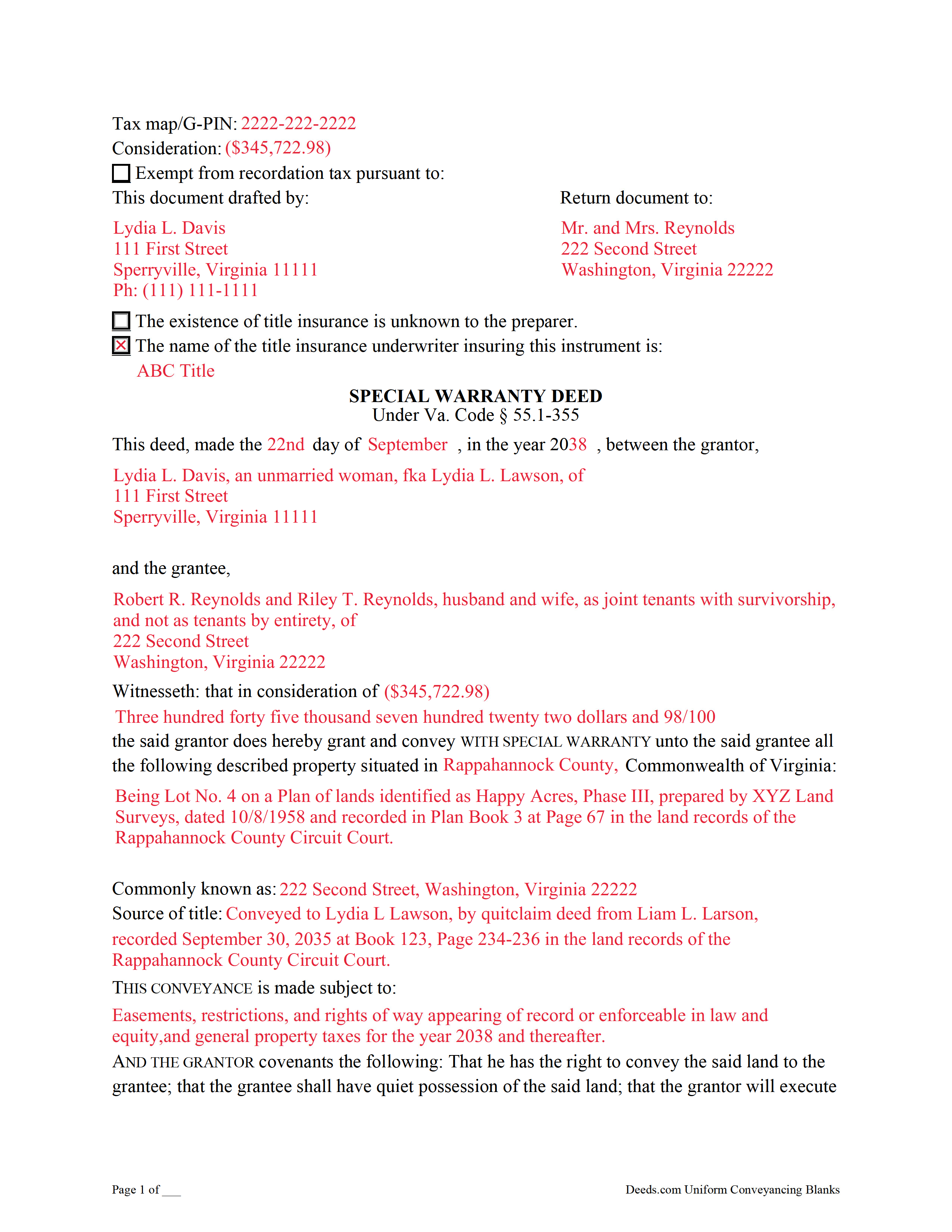 Loudoun County Completed Example of the Special Warranty Deed Document