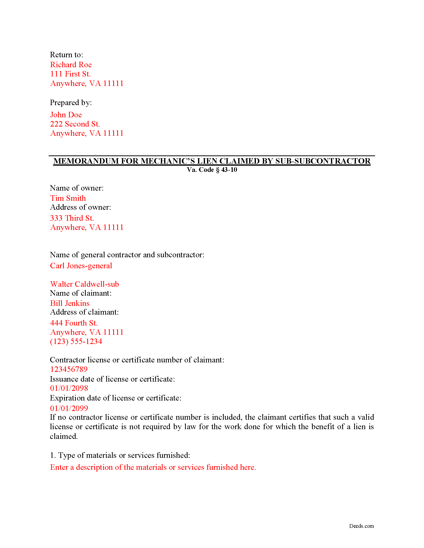 Completed Example of the Memorandum for Mechanics Lien Document