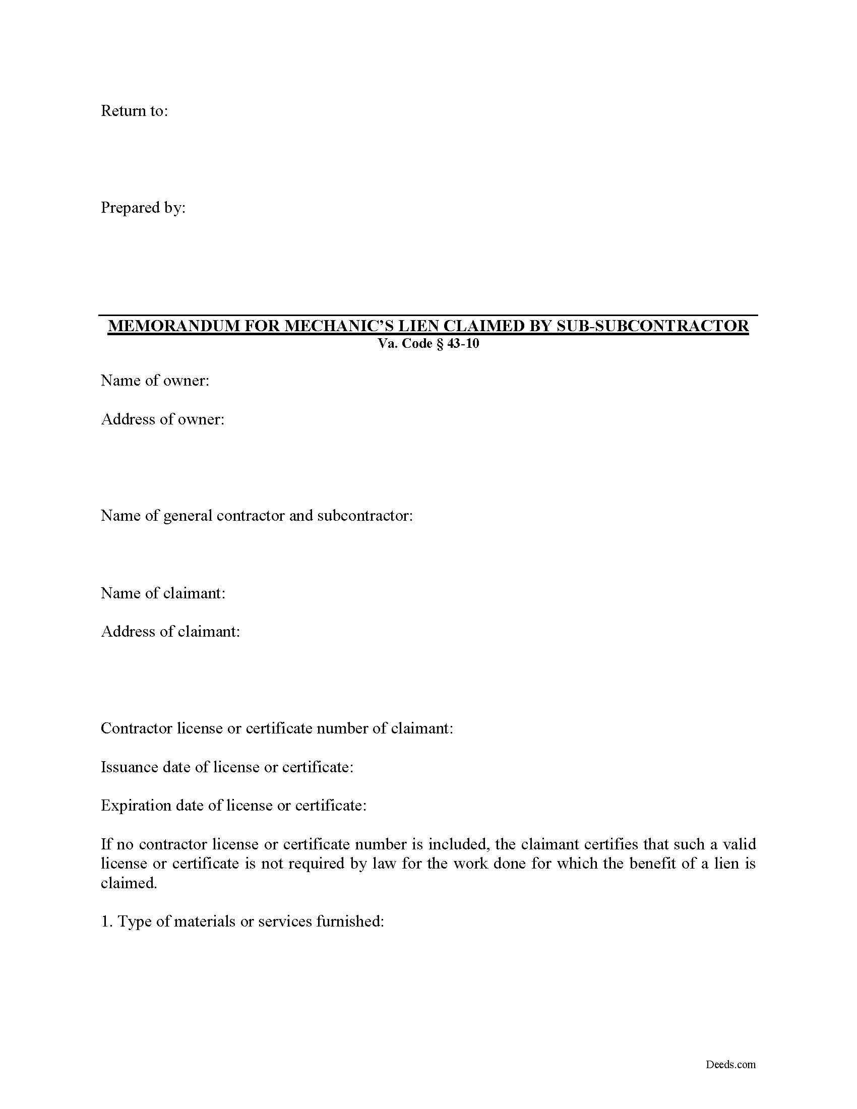 Isle Of Wight County Sub-subcontractor Memorandum for Mechanics Lien Form