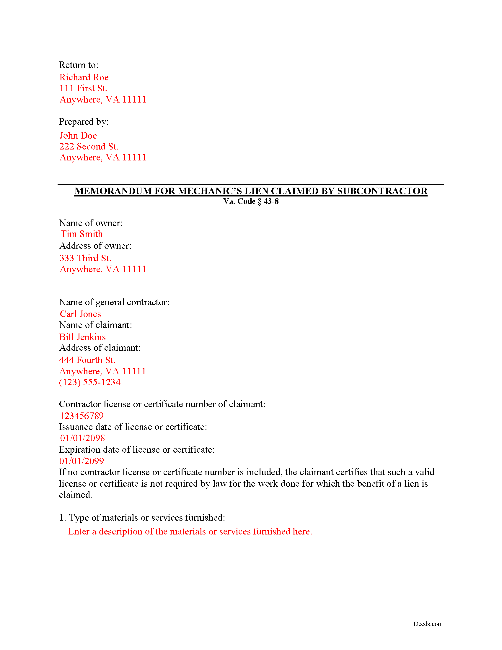 Completed Example of the Memorandum for Mechanics Lien Document